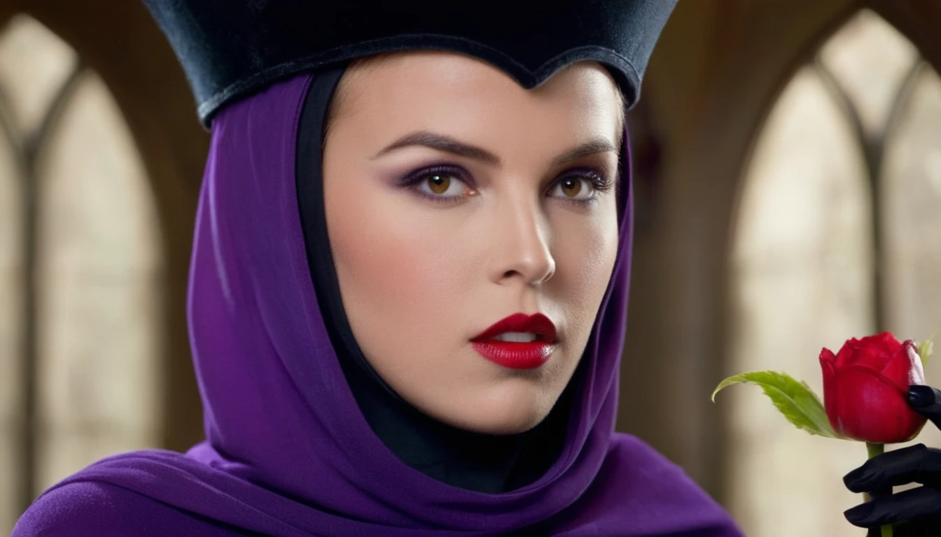 The Evil Queen movie still、Naked butt、Red lips、Purple clothes and black cloak、Naked buttを持つセクシーな女性の邪悪な女王の絵, Shallow depth of field, Vignette, Very detailed, High budget, Bokeh, CinemaScope, Sulky, amazing, nice, Film Grain, granular