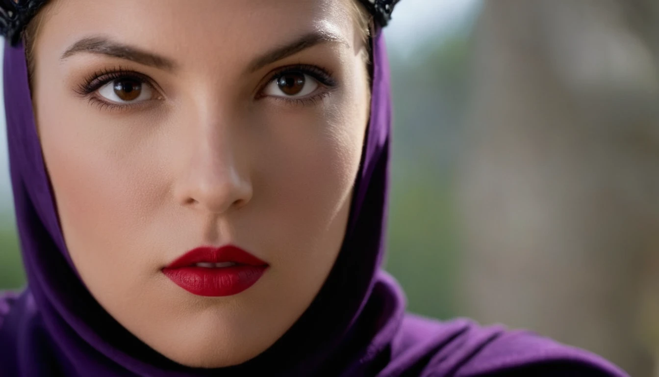 The Evil Queen movie still、Naked butt、Red lips、Purple clothes and black cloak、Naked buttを持つセクシーな女性の邪悪な女王の絵, Shallow depth of field, Vignette, Very detailed, High budget, Bokeh, CinemaScope, Sulky, amazing, nice, Film Grain, granular