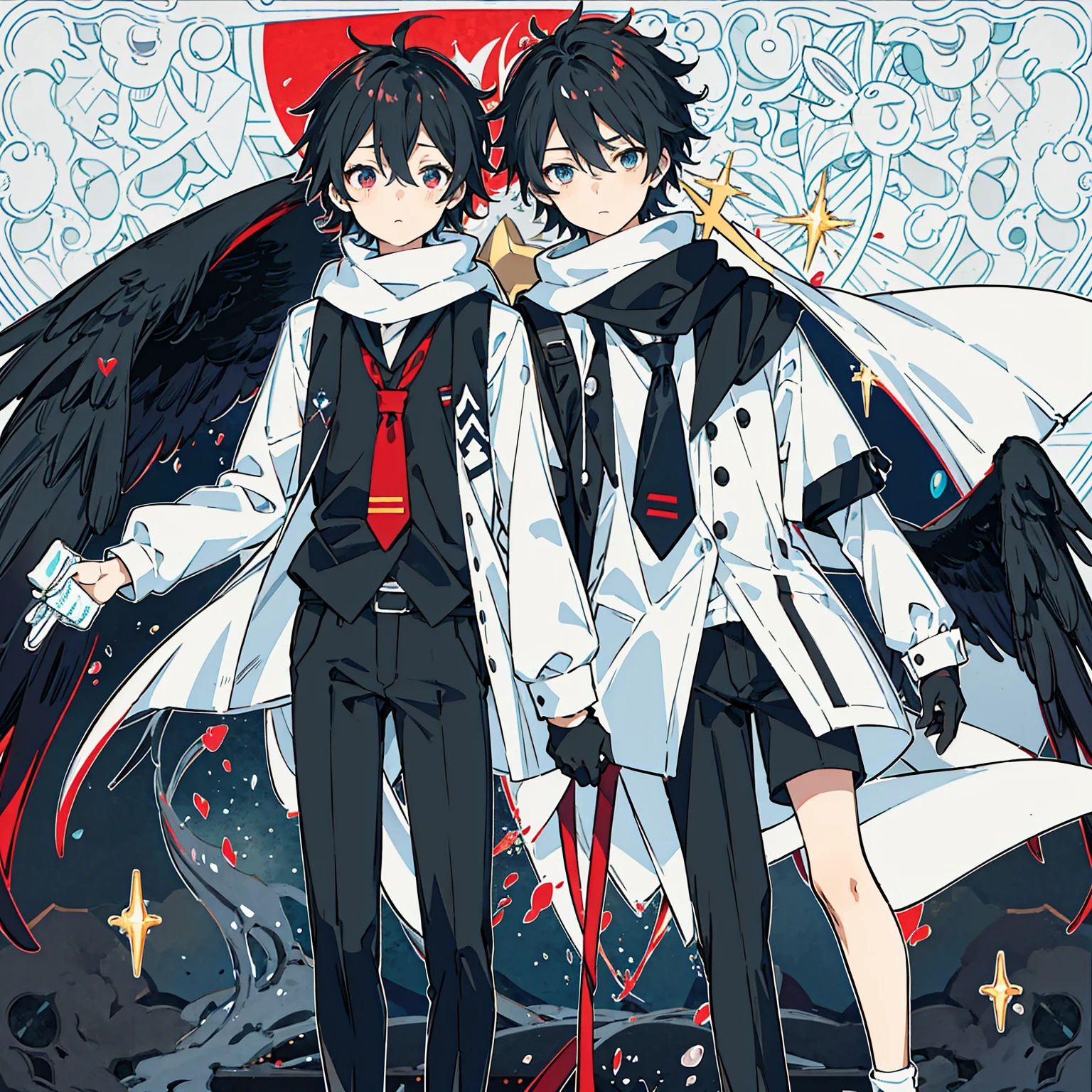 1 sticker manual, 2D, simple background, minimum, beautiful, tiny, pastel color, vector style, no gradient, masterpiece, best quality, anime, very detailed eyes, very detailed face, perfect ilumination, feet out of frame, boy, male, 1 boy in, alone, black hair, messy hair, standing, black vest, red necktie, black pants, white sleeves, black gloves, black scarf,