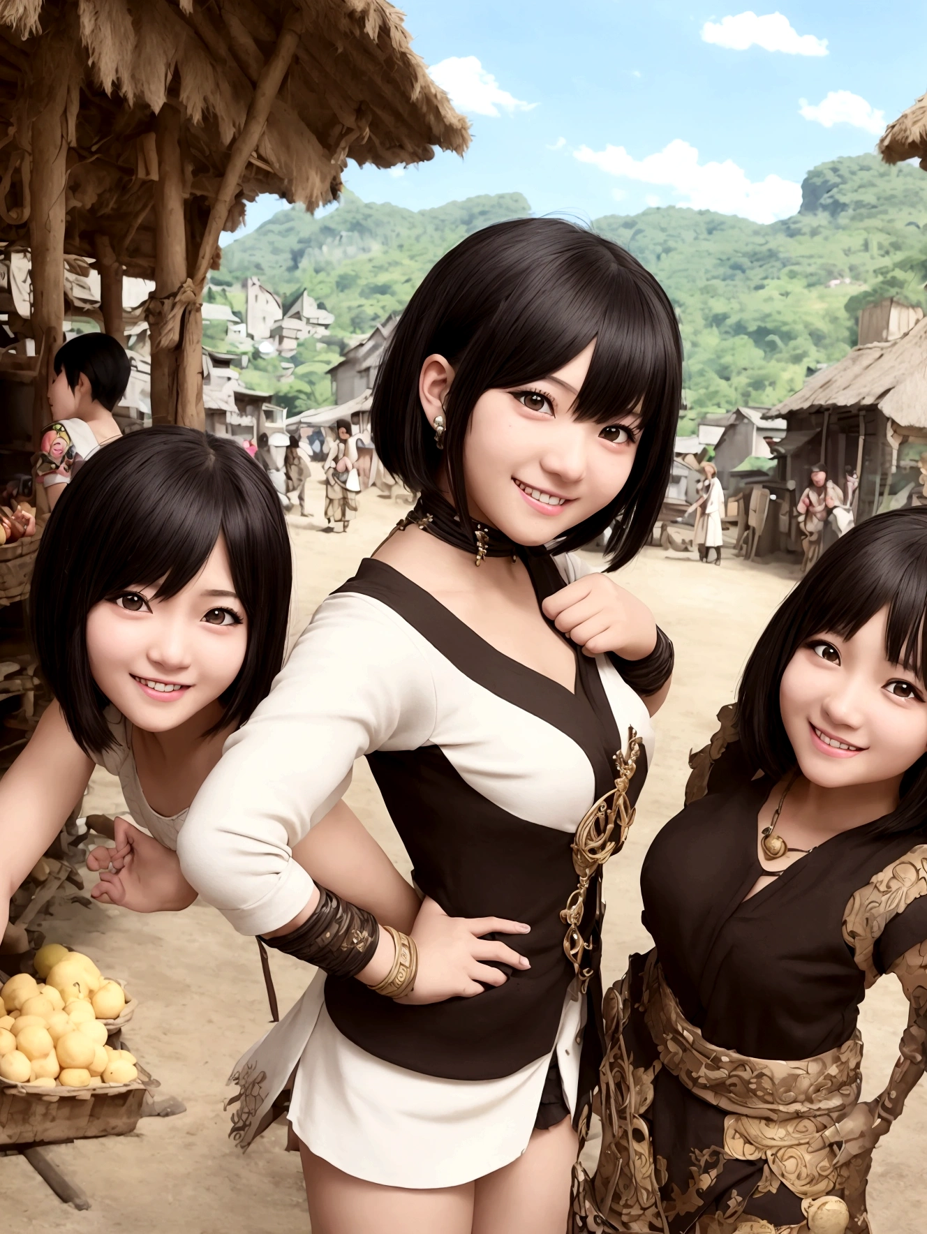 Anime Style、Cheerful girl、Brown skin、RPG Game Characters、Black Hair、short hair、Naughty、Mischievous、Smiling with teeth showing、Hands on hips、Hall々Stand with、Village Background、Bright atmosphere、Bustling market