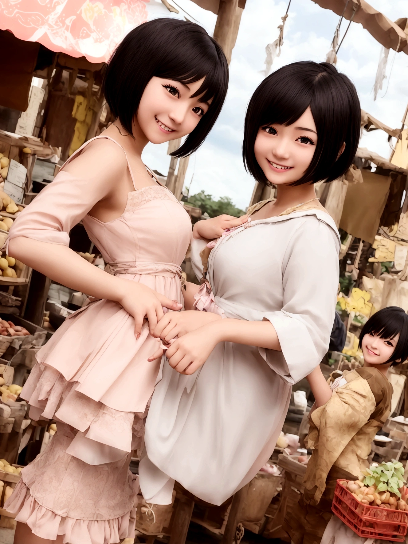 Anime Style、Cheerful girl、Brown skin、RPG Game Characters、Black Hair、short hair、Naughty、Mischievous、Smiling with teeth showing、Hands on hips、Hall々Stand with、Village Background、Bright atmosphere、Bustling market