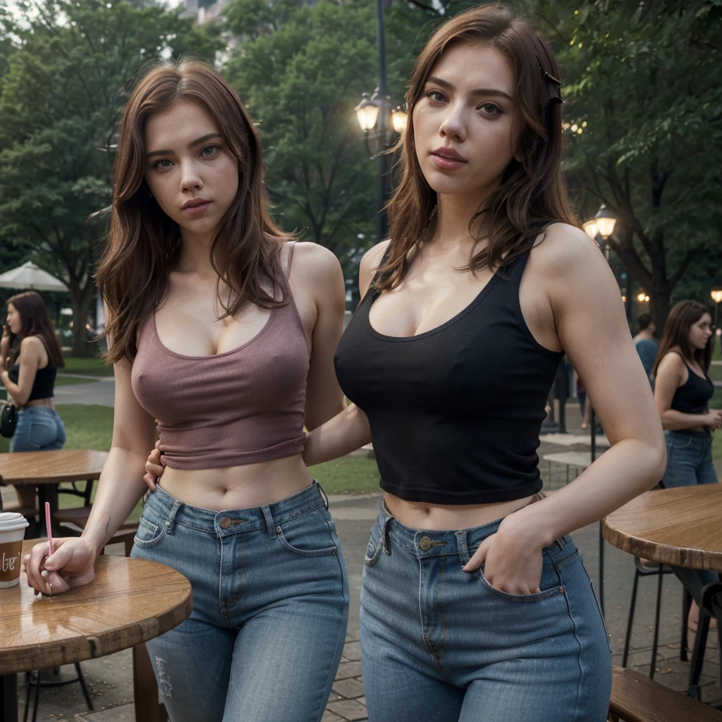 (realisitic、hight resolution:1.3)、, scarlett johansson , with a perfect figure、Super thin face and eyes、long hair、Tank Tops:1 in random color.2、Short jeans、in a park, at night、coffee on table、Colossal ,4k, hd, best quality,