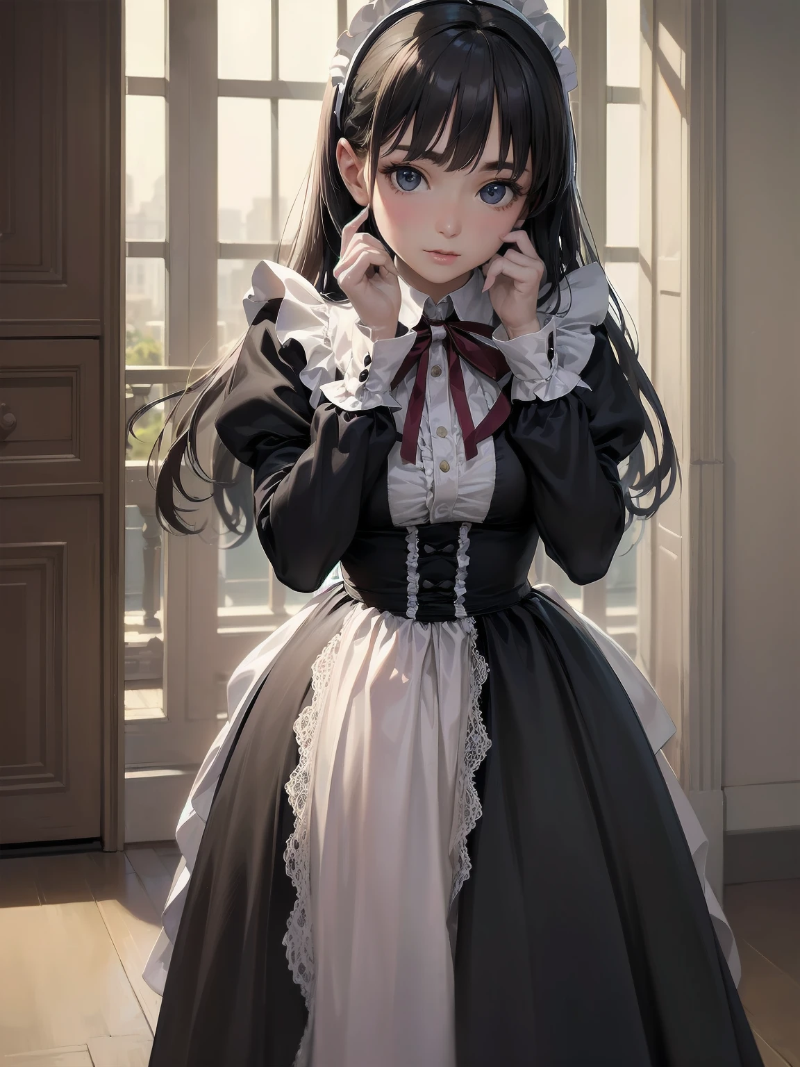 (Highest quality、16K、masterpiece、Ultra-high resolution、Victorian era、Photorealistic:1.2)、A delicate Lolita girl, aged 6、Cute pose super maid、