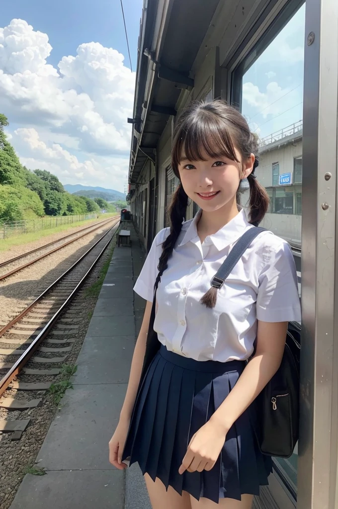 girls in rural railway station,Japanese train on far side,cumulonimbus cloud in summer sky,short-sleeved white shirt with sailor collar,navy blue pleated skirt,school bag,18-year-old,bangs,a little smile,thighs,knees,short hair with low pigtails bunches,from beside,front light