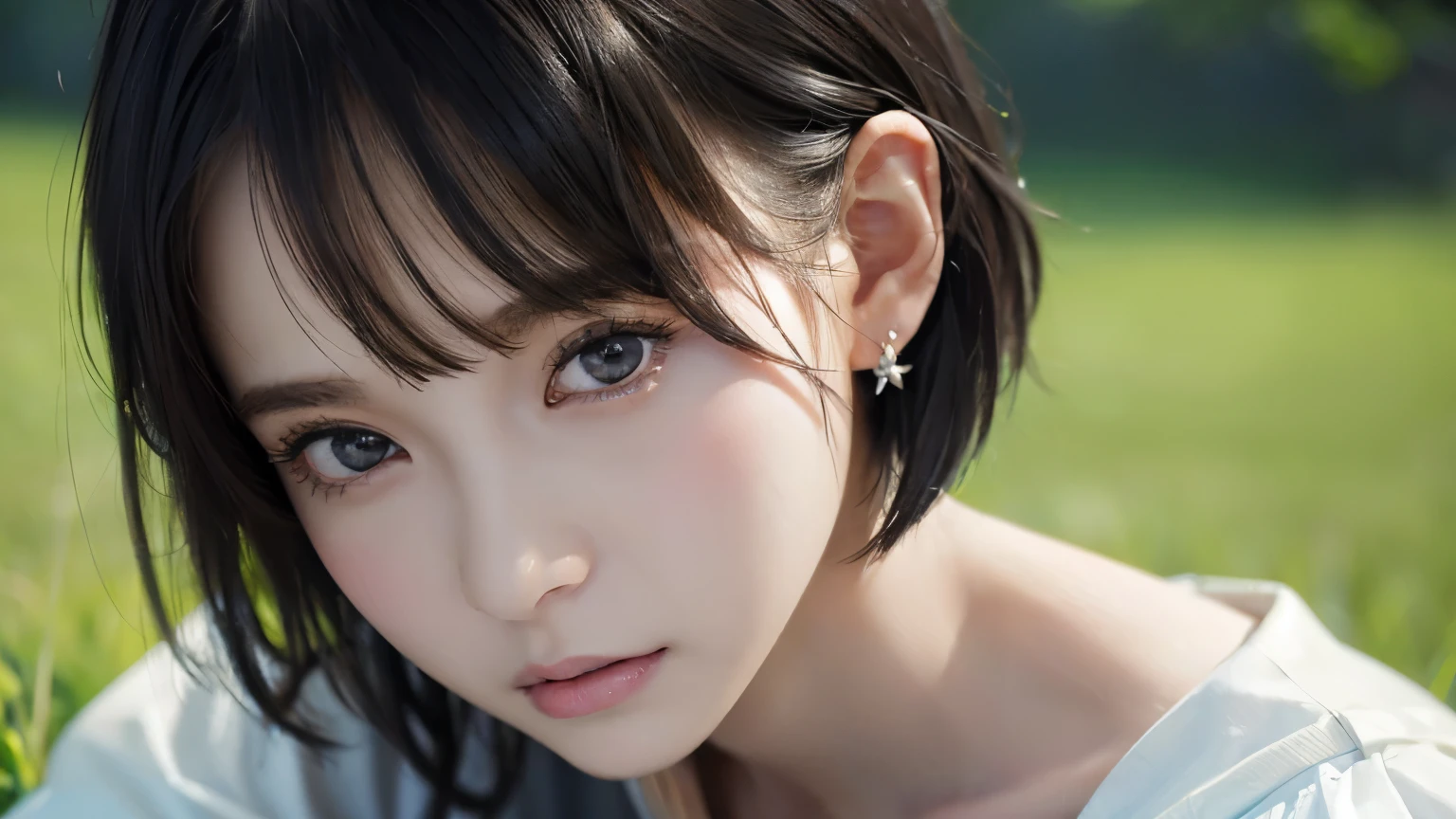 (((Black Short Hair))), (grassland), Seductive pose, 背景がgrassland、Image from chest up:1.6)、Close-up portrait of a woman wearing a white off-the-shoulder top dress and earrings, Soft portrait shot 8k, Nice delicate face, High-quality 4K portraits, High-quality portraits, Soft, perfect, pale skin, 8K Highly Detailed Face, なbeautiful繊細な顔, beautiful光の大きな目, Beautiful and realistic face, beautiful14Old woman, Beautiful and realistic face, cute14Old woman
