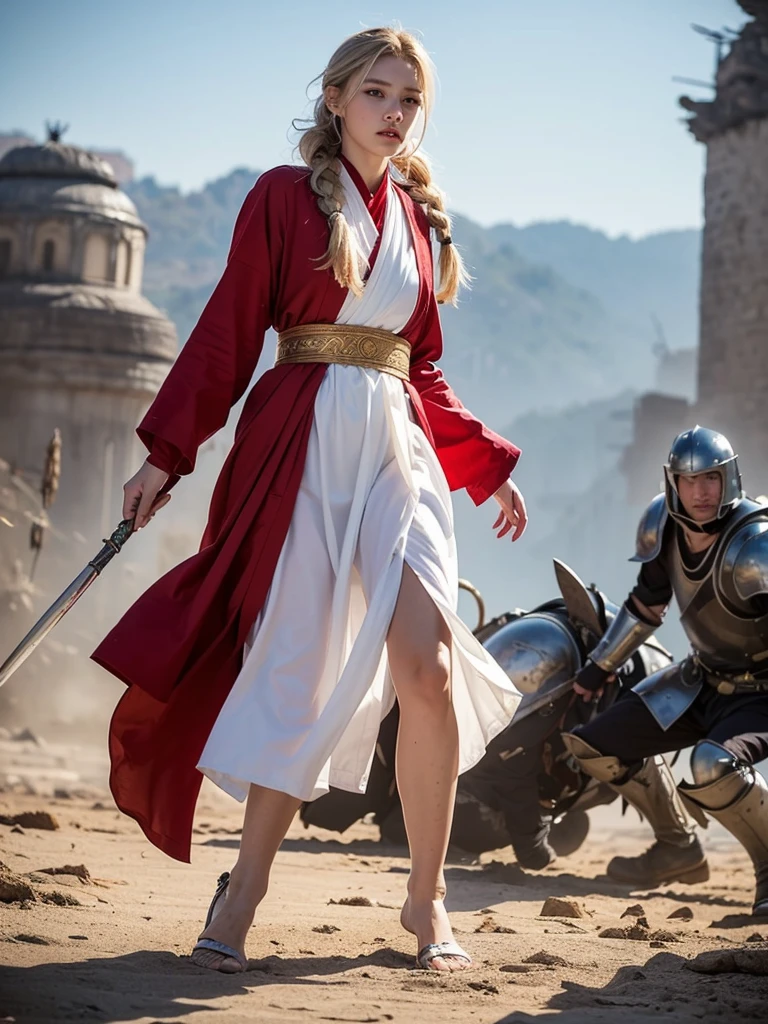 (8K, Highest quality:1.2)、masterpiece, Beautiful monk, (Attractive Russian Model、Born in Lee:1.0),(( Red and white clothes))、((Plate armor with attention to detail)), (Strong muscular body),(Powerful arms)、 (Light blonde hair), Braid、Disheveled Hair、feet, (High fantasy battlefield environment), (Troops fighting in the background), (((Monk&#39;s clothing))), (Image of a monk)、 High resolution, (Skin Texture:1.1), Highest quality, 超High resolution, (Realistic: 1.4), RAW Photos, By Ellen von Unwerth, Nikon D850 film stock photos, F1.6 Lenses, Rich colors, Bokeh, Sharp focus, Realistic, Cinestill 800, Backlight, Rim Light, Strong sunlight, Realistic, Realistic Shadow, 3d, (Stained Glass Background:1.2),Hair blowing in the wind、whole body、 (Ancient fantasy soldiers),(Ancient soldier armor),Combat Accessories,breastplate、((Long skirt))、Voluminous lips、((Big Breasts))、((Large Breasts))、Cleavage、((Perfect Face))、Big eyes、Delicate eyes、Body-fitting armor、looking at the camera、belt、Intricately patterned armor、whole body、up、knight armor、Red Armor、Delicate hands、Knee-high boots、
