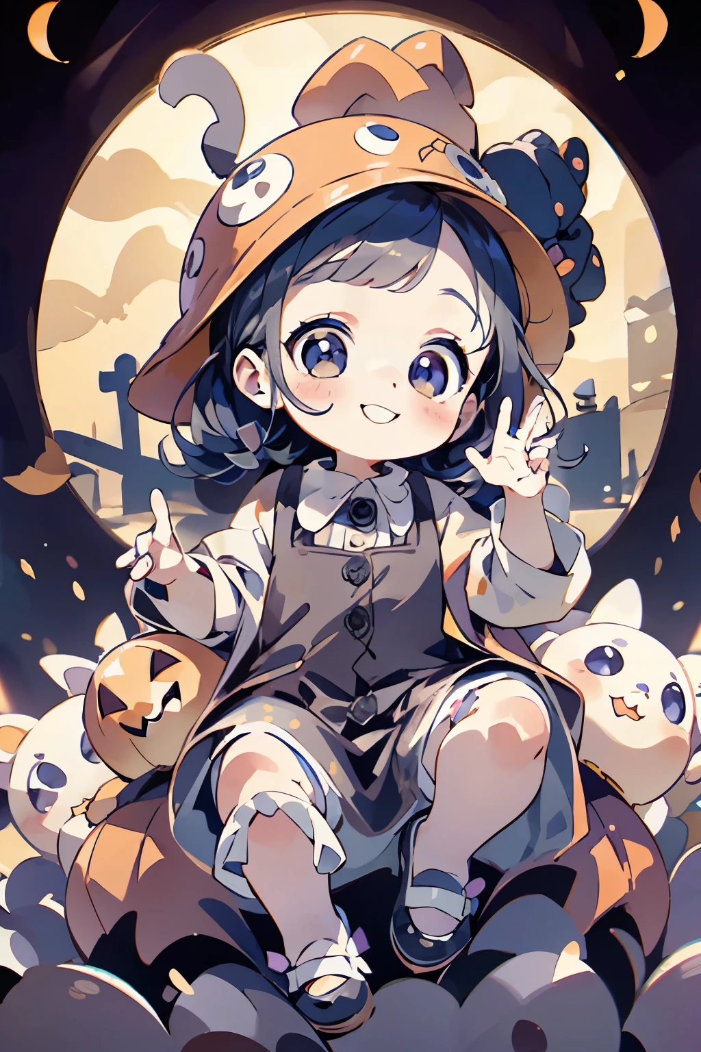 Cute Halloween theme、whole body、Eyes up、Smile、Wave、Glamorous hats、Halloween accessories、Draw buttons and pockets of clothes in Halloween style、Cute shoes、baby face