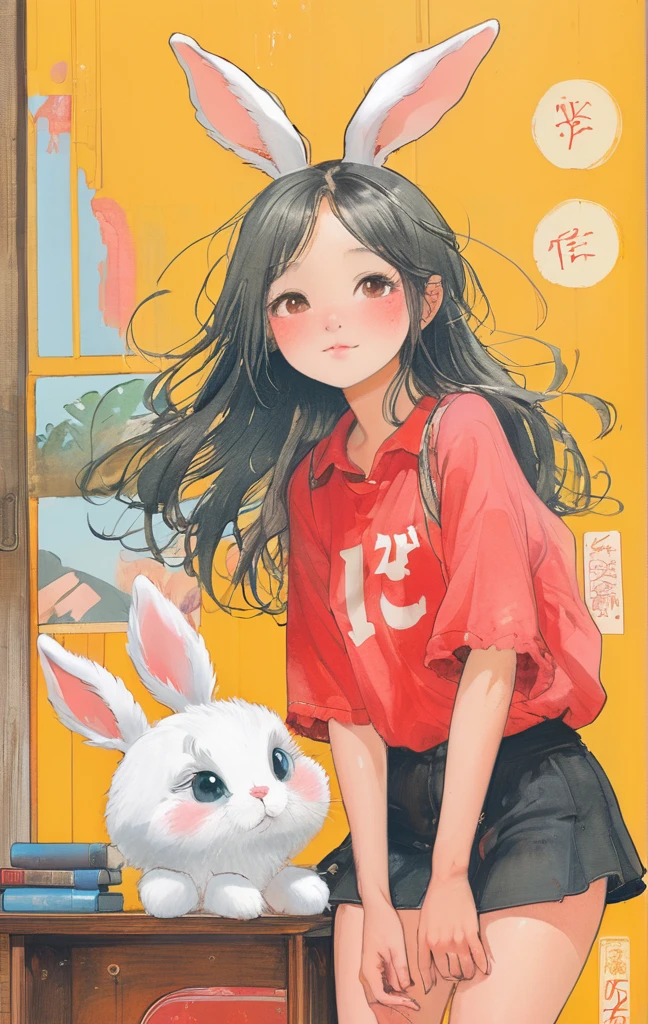 On a bright red campus"YES"Character、beautiful illustration, best quality, cute girl, bedroom, pastel color, fluffy bunny ears, , silver long hair, rabbit stuffed toy, bright lighting, light pink eyes、alone, One girl, profile,Black Bob,　profile,  The background color is solid yellow,An illustration