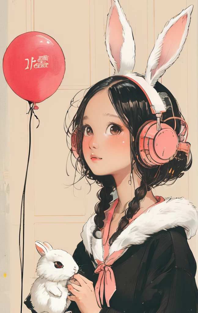 On a bright red campus"YES"Character、beautiful illustration, best quality, cute girl, bedroom, pastel color, fluffy bunny ears, , silver long hair, rabbit stuffed toy, bright lighting, light pink eyes、alone, One girl, profile,Black Bob, profile, The background color is solid yellow,An illustration