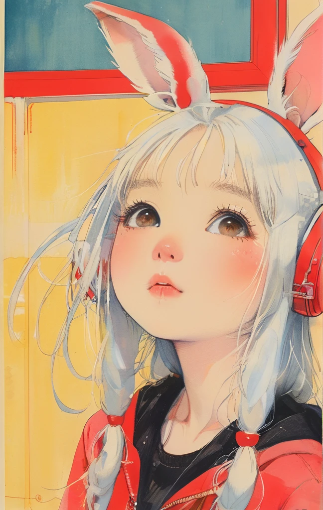 On a bright red campus"YES"Character、beautiful illustration, best quality, cute girl, bedroom, pastel color, fluffy bunny ears, , silver long hair, rabbit stuffed toy, bright lighting, light pink eyes、alone, One girl, profile,Black Bob, profile, The background color is solid yellow,An illustration