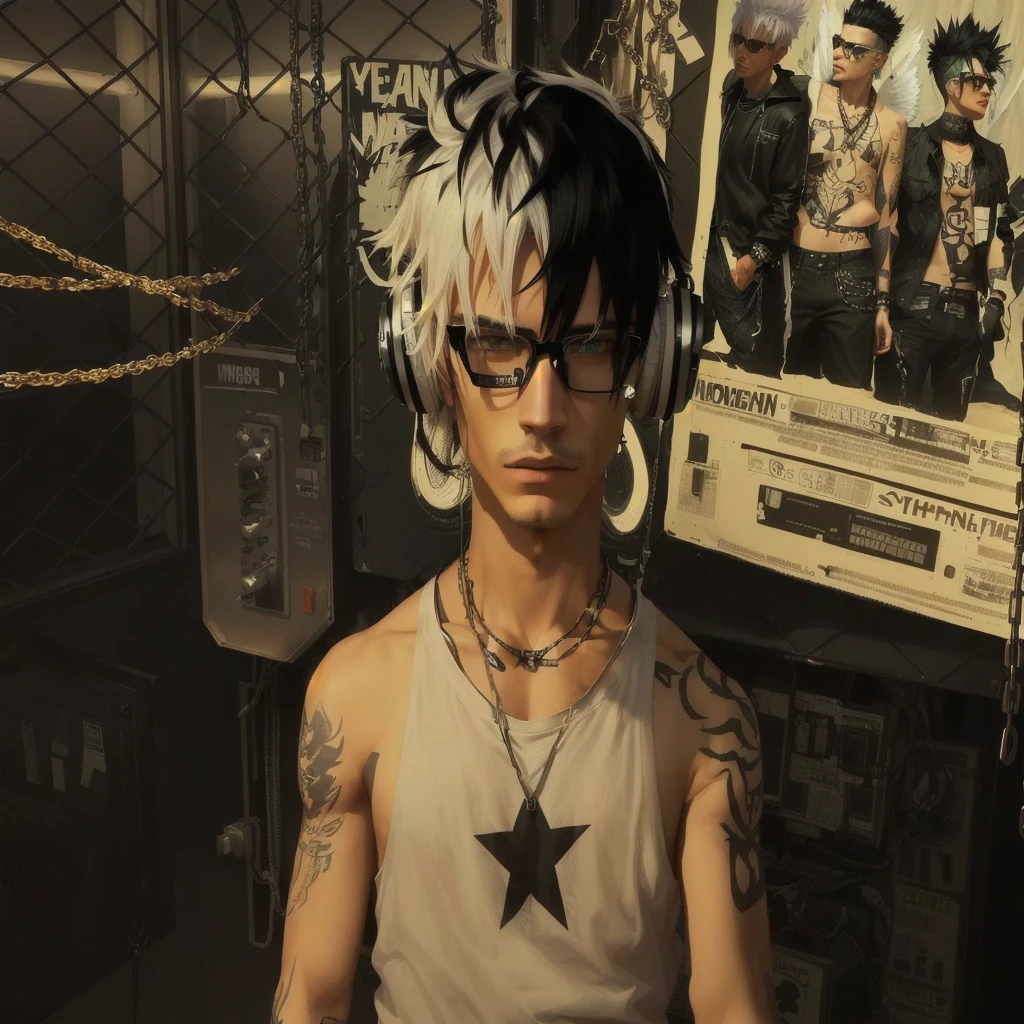 there is a man with black and white hair colour, with an angel tattoo on his arm, with headphones on his head, and a punk man wearing glasses with a fire motif, wearing a chain necklace, realistic animation