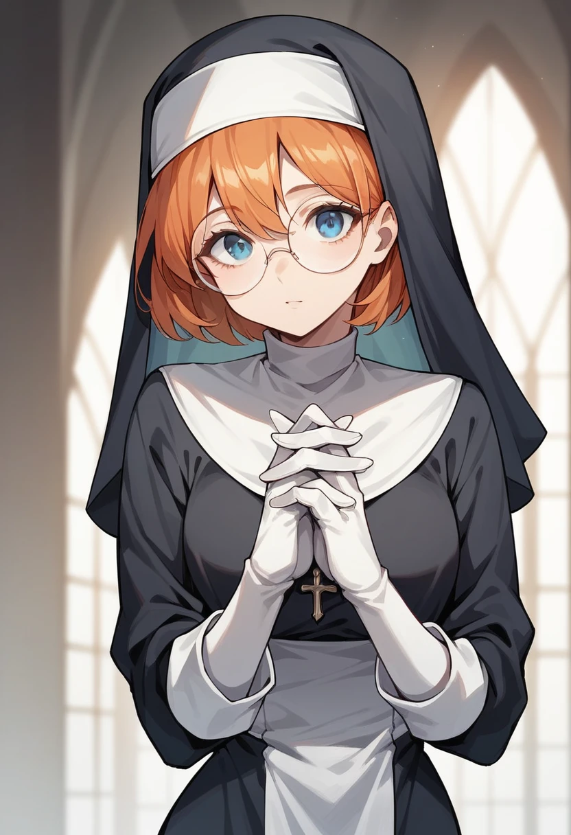 1girl, orange hair, short hair, blue eyes, round glasses, ((white elbow gloves)), ((gloves)), ((long sleeves)), ((nun outfit)), looking at viewer, standing, solo, without hat