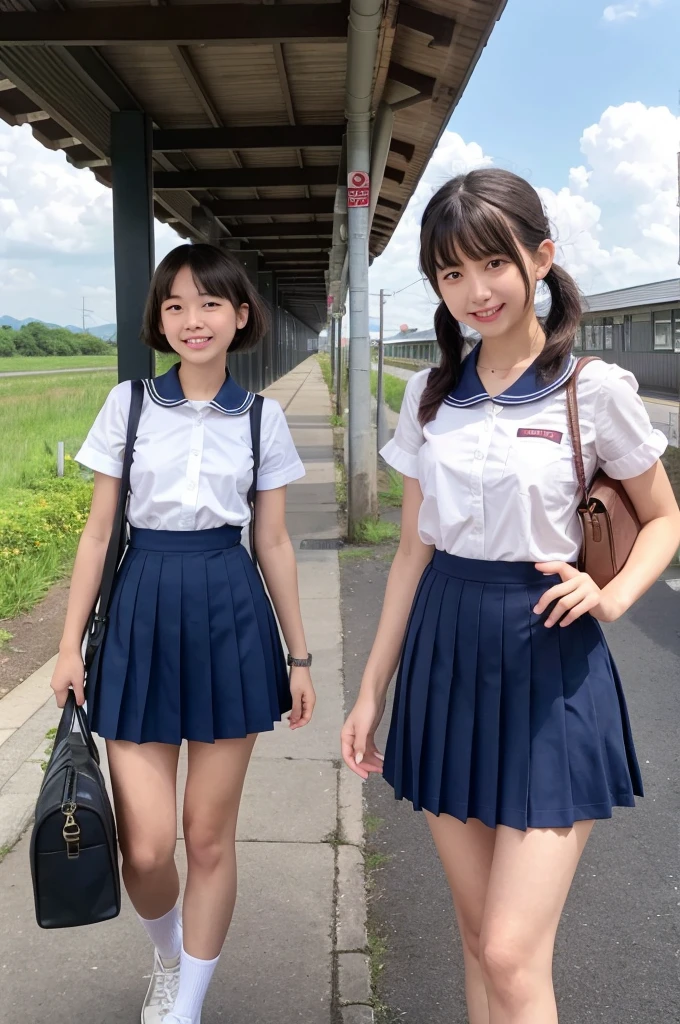 girls in rural railway station,Japanese train on far side,cumulonimbus cloud in summer sky,short-sleeved white shirt with sailor collar,navy blue pleated skirt,school bag,18-year-old,bangs,a little smile,thighs,knees,short hair with low pigtails bunches,from beside,front light