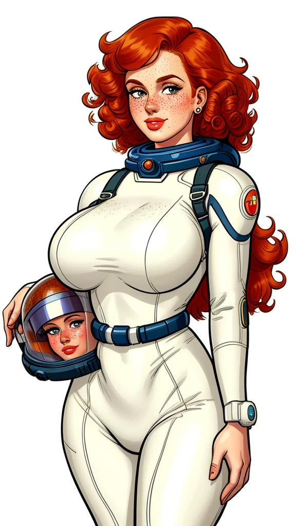 pretty woman, curly ginger hair, freckles, large breasts, rubenesque, space suit, white background, blank background, Retrofuturism, pinup. dieselpunk
