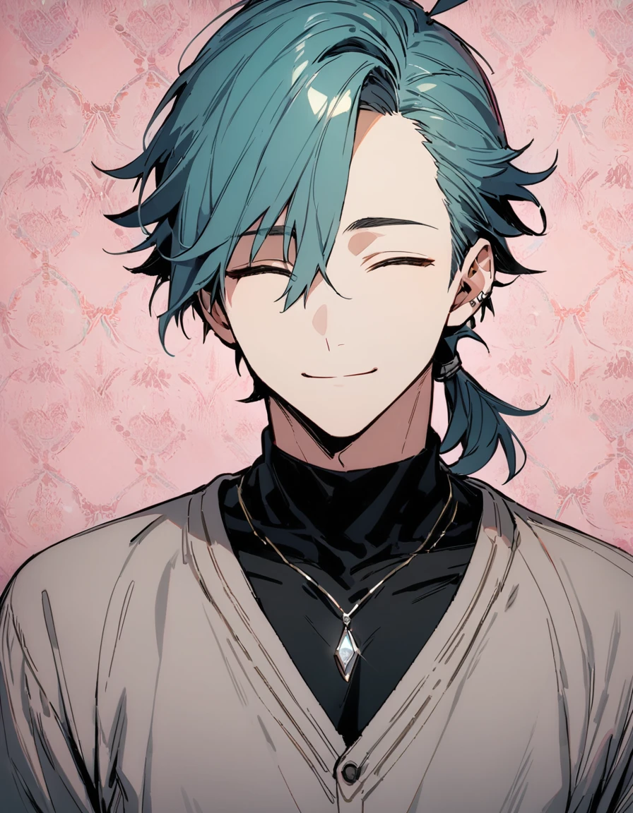 ((((best masterpiece, best quality, wallpaper,)))) solo, guy, male body, small muscles, flat chest, 1male, 30 years old, handsome man, upper body, looking at viewers, beautiful detailed, seductive smile, mediumturquoise hair, ((((Lower short ponytail)))), asymmetrical bangs, ((short hair,)) (((light smile, closed eyes, tareme, droopy eyes,))) (((perfect face,))) perfect hands, sharp nose, clear face, black turtleneck, grey cardigan, ((silver piercing, pendant,)) leggings, pink background color ultrasharp, 8K, masterpiece,