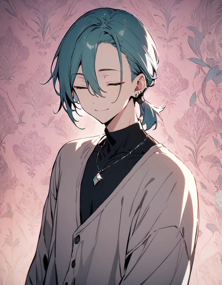 ((((best masterpiece, best quality, wallpaper,)))) solo, guy, male body, small muscles, flat chest, 1male, 30 years old, handsome man, upper body, looking at viewers, beautiful detailed, seductive smile, mediumturquoise hair, ((((Lower short ponytail)))), asymmetrical bangs, ((short hair,)) (((light smile, closed eyes, tareme, droopy eyes,))) (((perfect face,))) perfect hands, sharp nose, clear face, black turtleneck, grey cardigan, ((silver piercing, pendant,)) leggings, pink background color ultrasharp, 8K, masterpiece,