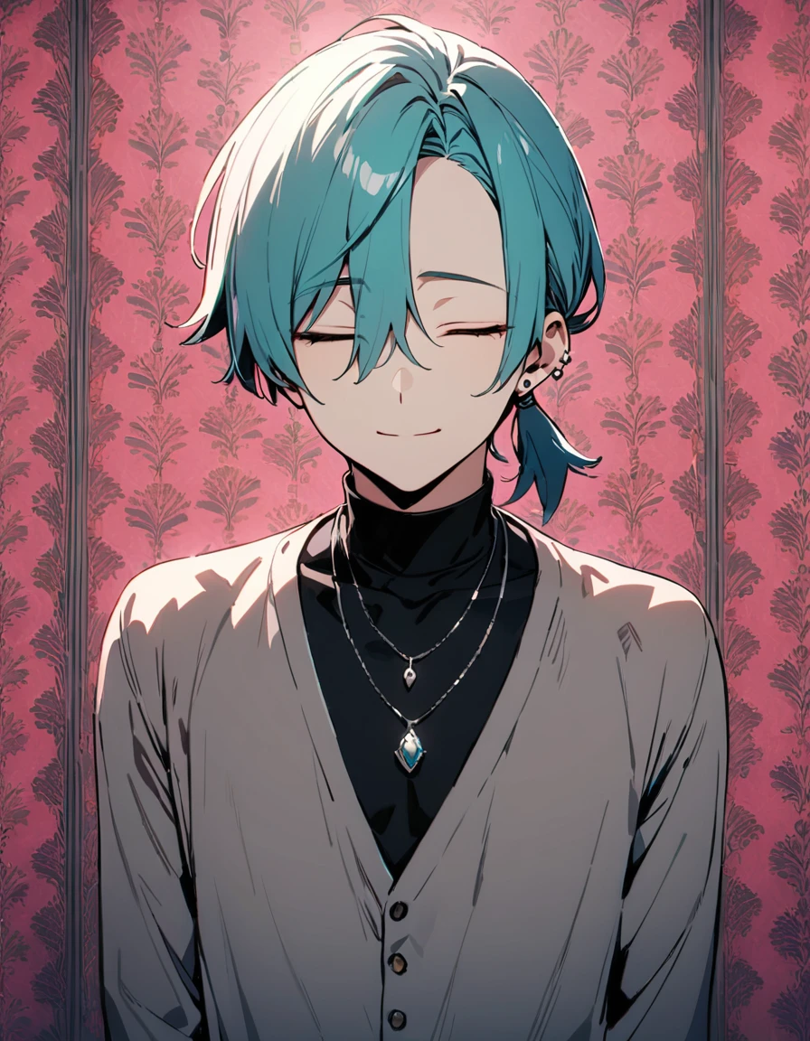 ((((best masterpiece, best quality, wallpaper,)))) solo, guy, male body, small muscles, flat chest, 1male, 30 years old, handsome man, upper body, looking at viewers, beautiful detailed, seductive smile, mediumturquoise hair, ((((Lower short ponytail)))), asymmetrical bangs, ((short hair,)) (((light smile, closed eyes, tareme, droopy eyes,))) (((perfect face,))) perfect hands, sharp nose, clear face, black turtleneck, grey cardigan, ((silver piercing, pendant,)) leggings, pink background color ultrasharp, 8K, masterpiece,