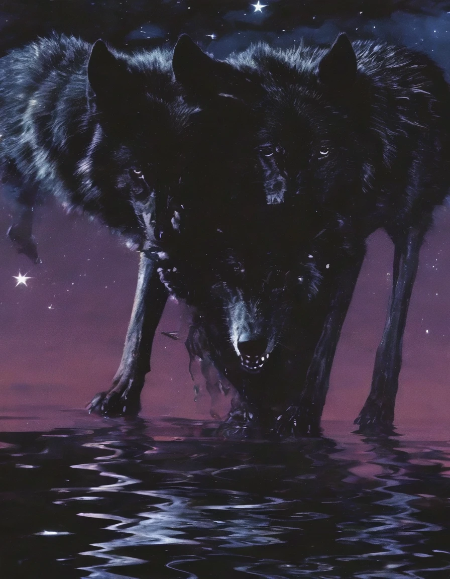 black wolf in ZGLITCHZ style, stars background