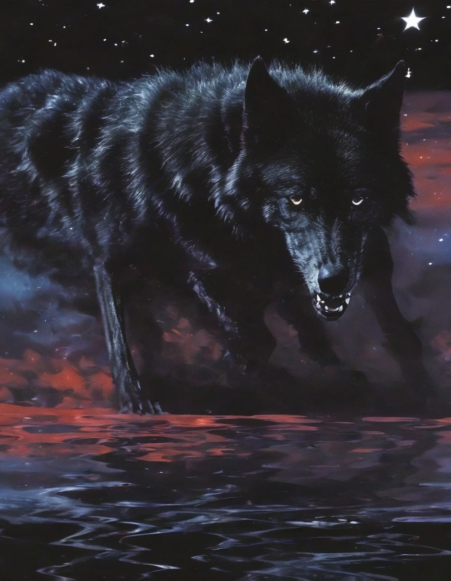 black wolf in ZGLITCHZ style, stars background