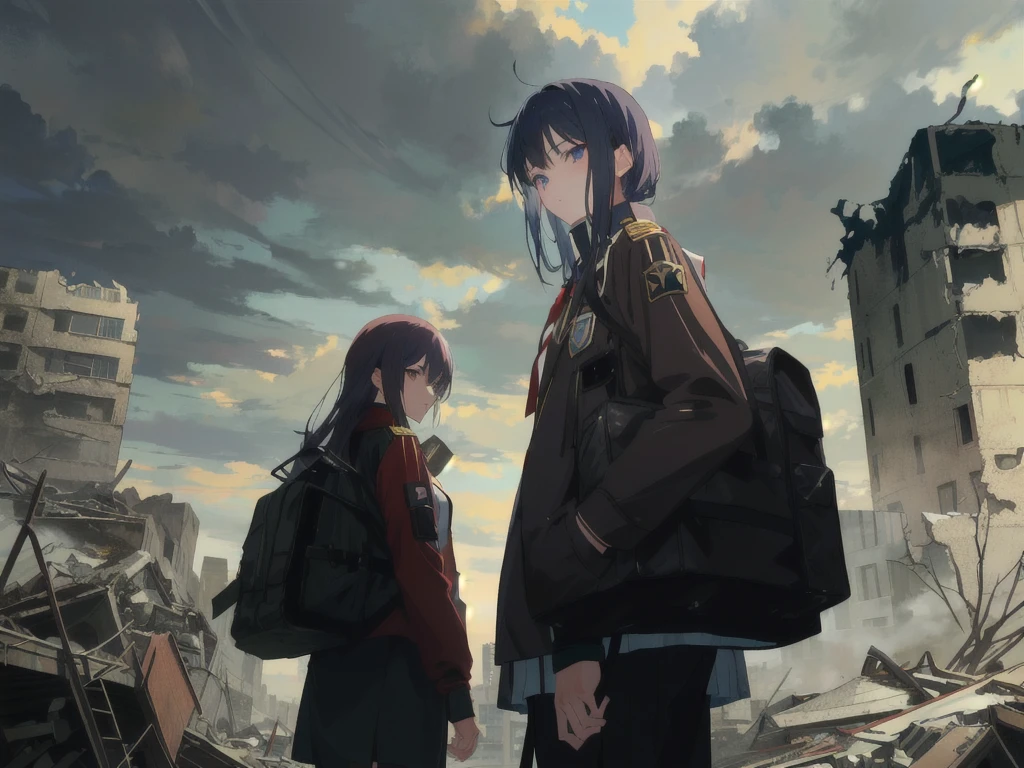 anime scene of two girl in uniform standing in the ruin city, anime style 4 k, badass anime
