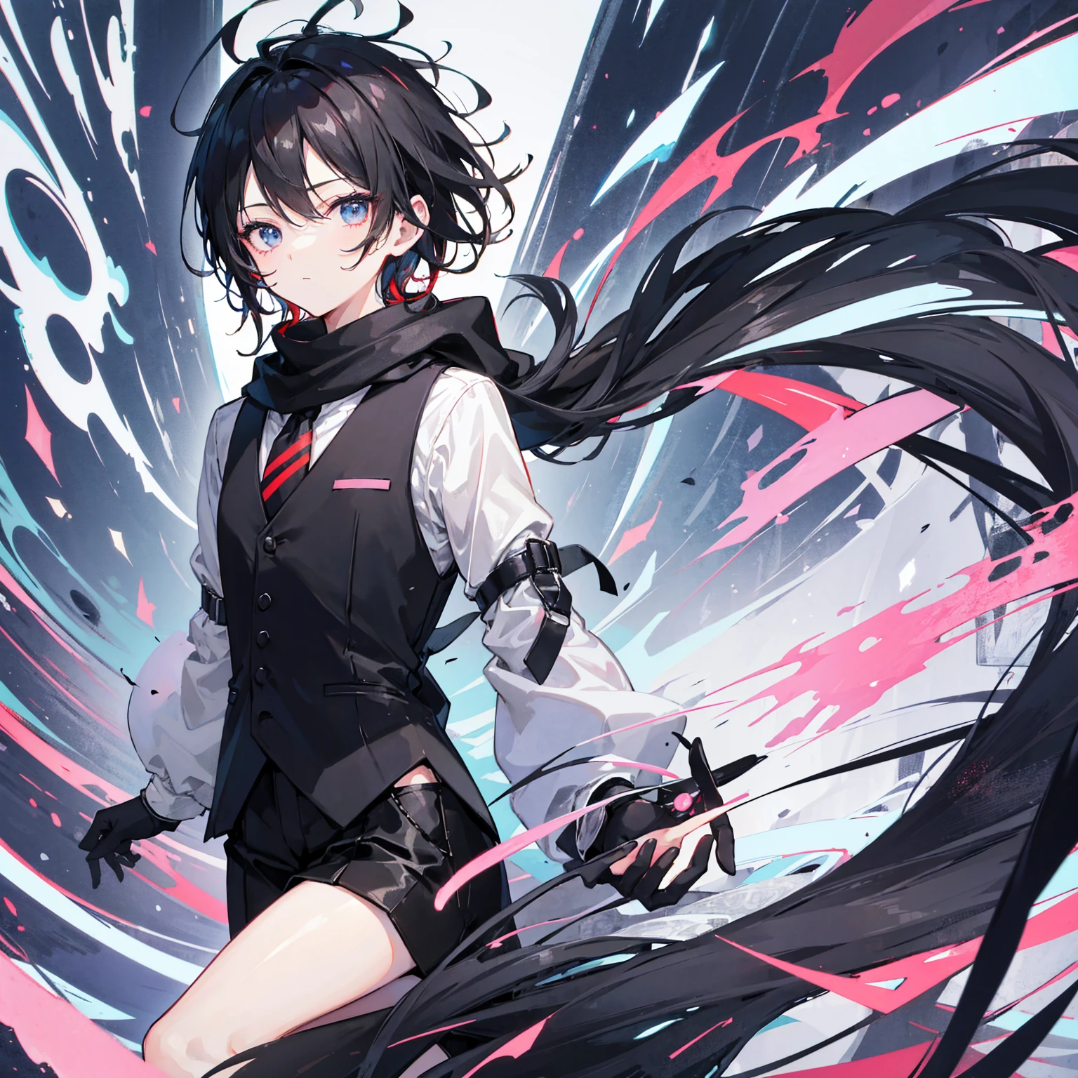 1 sticker manual, 2D, beautiful, tiny, pastel color, vector style, no gradient, masterpiece, best quality, anime, very detailed eyes, very detailed face, perfect ilumination, feet out of frame, boy, male, 1 boy in, alone, black hair, messy hair, standing, black vest, red necktie, black pants, white sleeves, black gloves, black scarf,