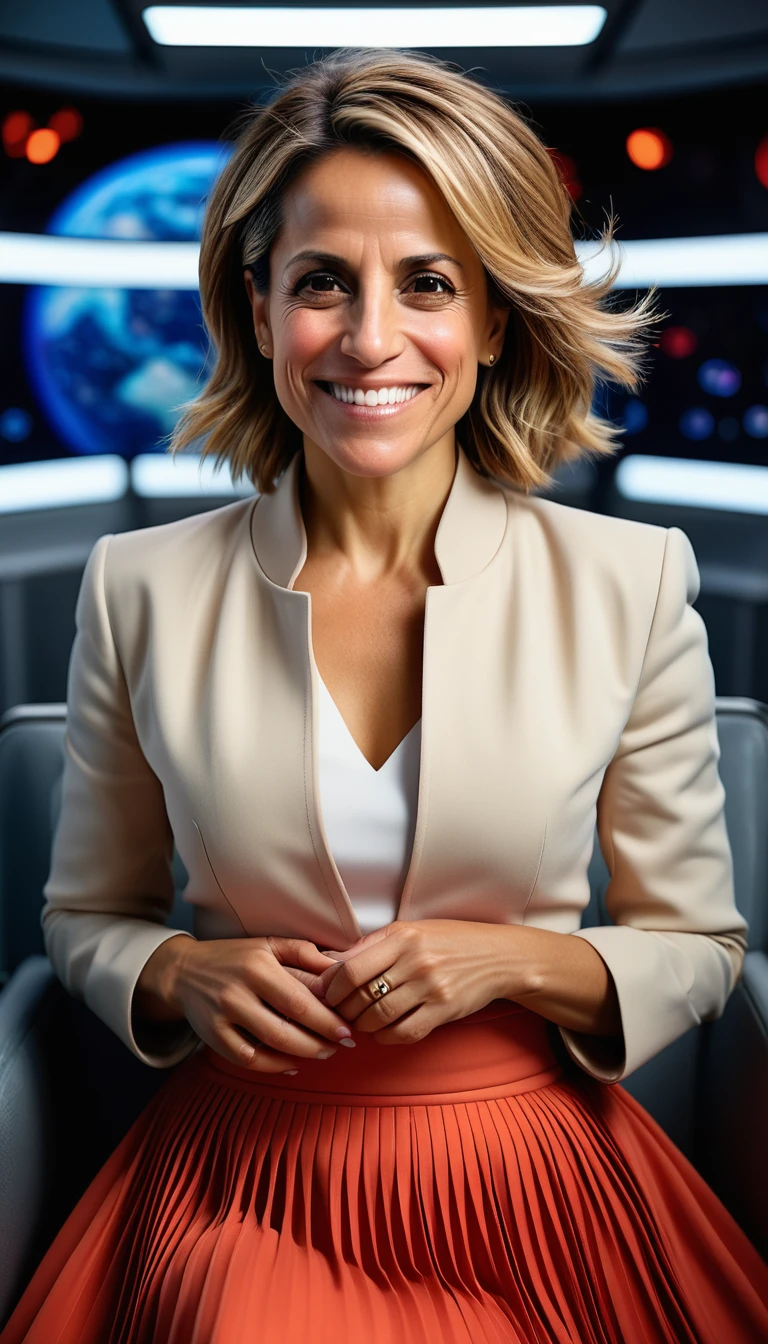 Insatiable Skirt lover and kind, shy woman Emily Maitlis has Intense Orgasming love for her skirt, sitting and wearing (long pleated full circle skirt), uniform jacket and strapless low pump office shoes, (pronounced (feminine) features), (very windy), skirt is flowing wildly in the wind, inside a spaceship travelling through deep space, very, very intricate hyper-detailed symmetric (attractive graceful young feminine face) with (sad, tired eyes and a loving smile), very voluptuous breasts, full of empathy and compassion and love, (pronounced (feminine) features), (highly detailed ultra accurate realistic) hands and fingers, (windy), epic composition, highly detailed attributes, (35mm f1.4 Kodak portra 400 photograph), extremely high quality RAW photograph, highly detailed atmosphere, sci-fi, cinematic shot, dynamic lighting, 75mm, Technicolor, Panavision, cinemascope, sharp focus, fine details, 8k, HDR, realism, realistic, key visual, film still, superb cinematic color grading, depth of field