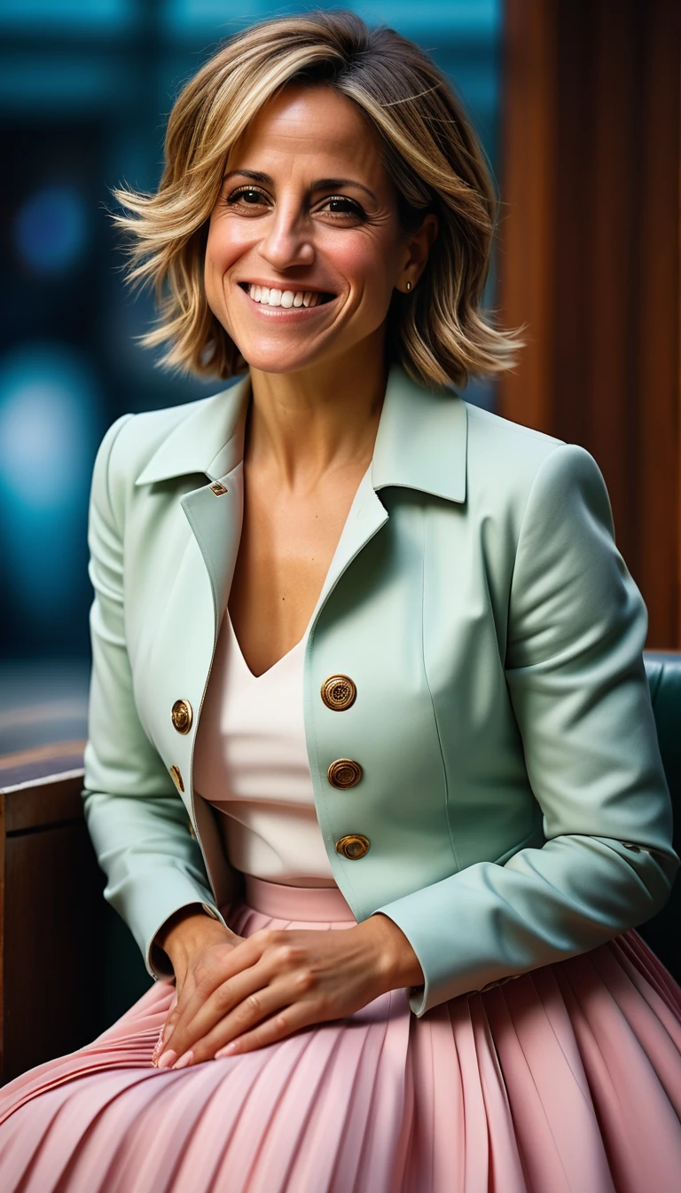 Insatiable Skirt lover and kind, shy woman Emily Maitlis has Intense Orgasming love for her skirt, sitting and wearing (long pleated full circle skirt), uniform jacket and strapless low pump office shoes, (pronounced (feminine) features), (very windy), skirt is flowing wildly in the wind, inside a spaceship travelling through deep space, very, very intricate hyper-detailed symmetric (attractive graceful young feminine face) with (sad, tired eyes and a loving smile), very voluptuous breasts, full of empathy and compassion and love, (pronounced (feminine) features), (highly detailed ultra accurate realistic) hands and fingers, (windy), epic composition, highly detailed attributes, (35mm f1.4 Kodak portra 400 photograph), extremely high quality RAW photograph, highly detailed atmosphere, sci-fi, cinematic shot, dynamic lighting, 75mm, Technicolor, Panavision, cinemascope, sharp focus, fine details, 8k, HDR, realism, realistic, key visual, film still, superb cinematic color grading, depth of field