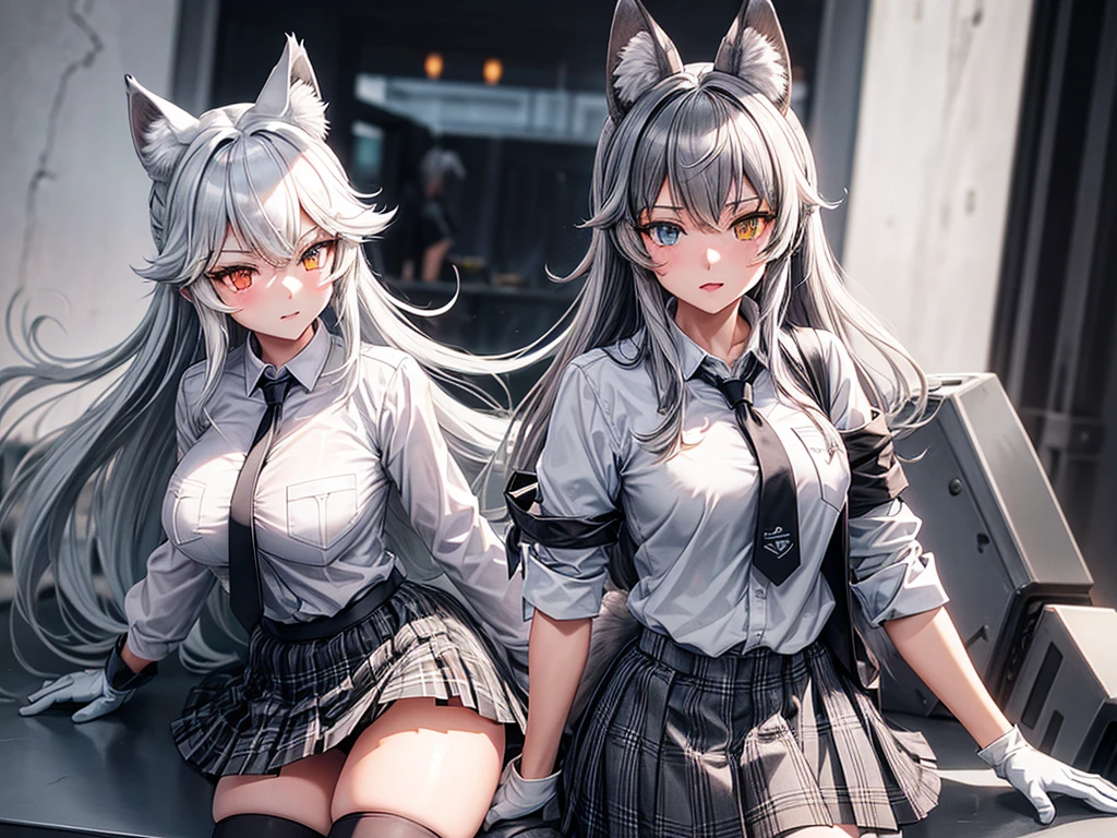 grey wolf \(kemono friends\), 1girl, two-tone hair, long hair, wolf ears, heterochromia, wolf tail, fur collar, collared shirt, black shirt, breast pocket, plaid necktie, plaid skirt, pleated skirt, white gloves (holding breast), two-tone thighhighs, fur-trimmed boots