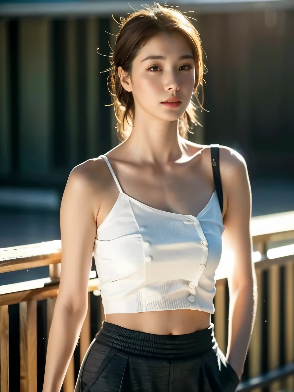 1 girl,((best quality)), (masterpiece) , (realistic 음영 처리) , (depth of field),(sunny city background),(Emphasize facial details), 탁월한 masterpiece, 매우 realistic 8K , perfect illustration,((the perfect woman)), mature woman, narrow waist, , brown hair, hair pulled back, detailed skin, looking at viewer, It's a perfect face, perfect body, realistic , masterpiece, 8K, high resolution,lens flare glow, Softly illuminated shoulder cutouts,I'm wearing shorts,Telegraph slang,