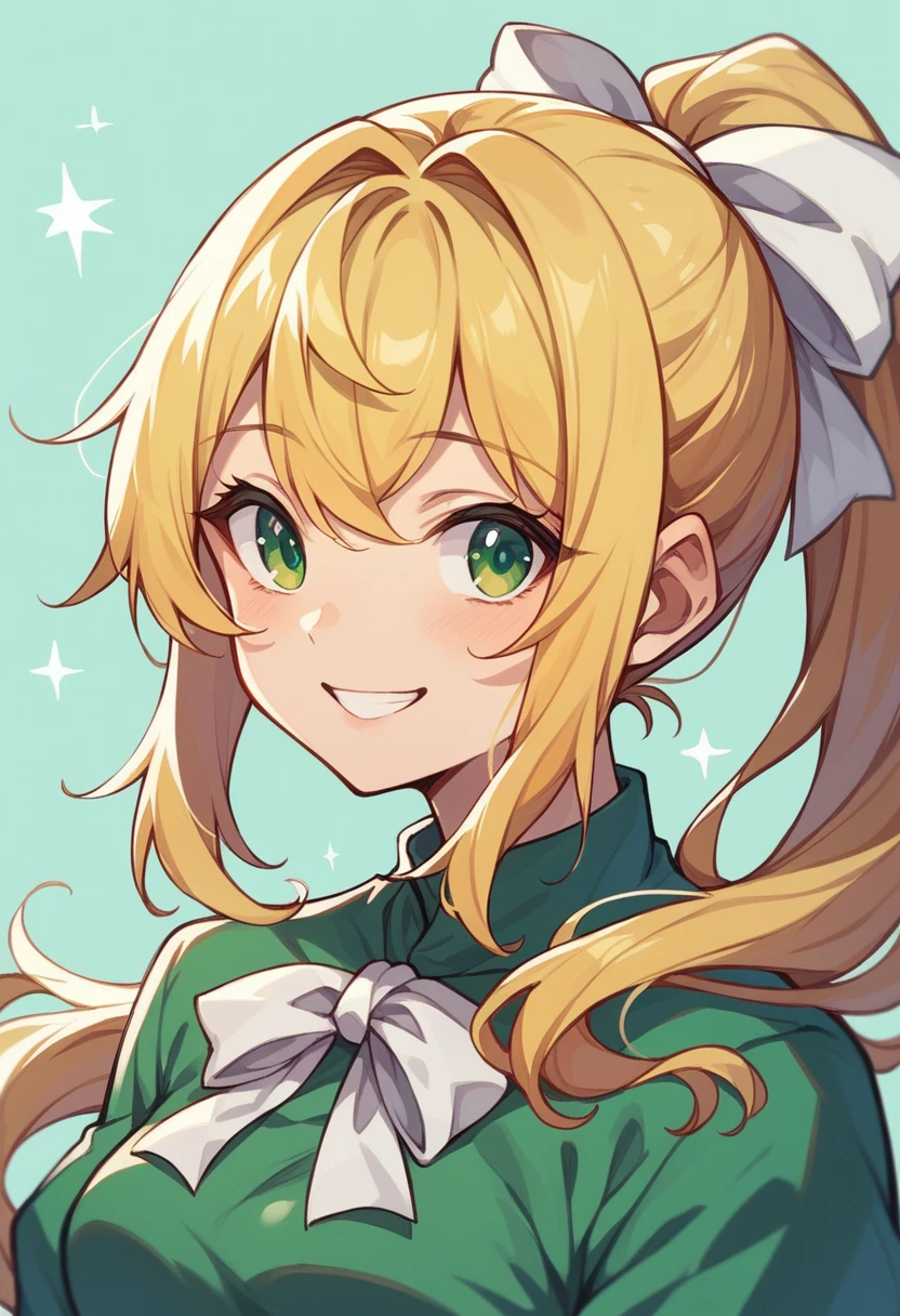 Highest quality、Super detailed、Yellow Hair、had green eyes、1 smiling cute anime girl、White ribbon、ponytail、Bust up shot