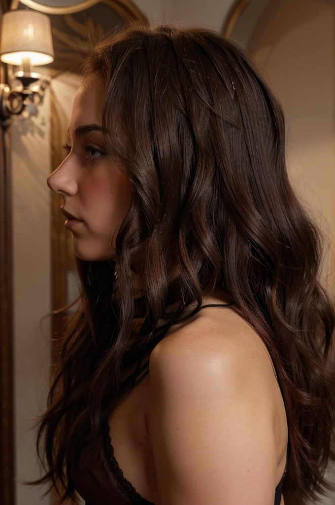 jeune femme vue de profile qui cambre des fesses vers l'avant, aux cheveux long bouclés brun typé Italienne en lingerie fine transparante rouge et noir