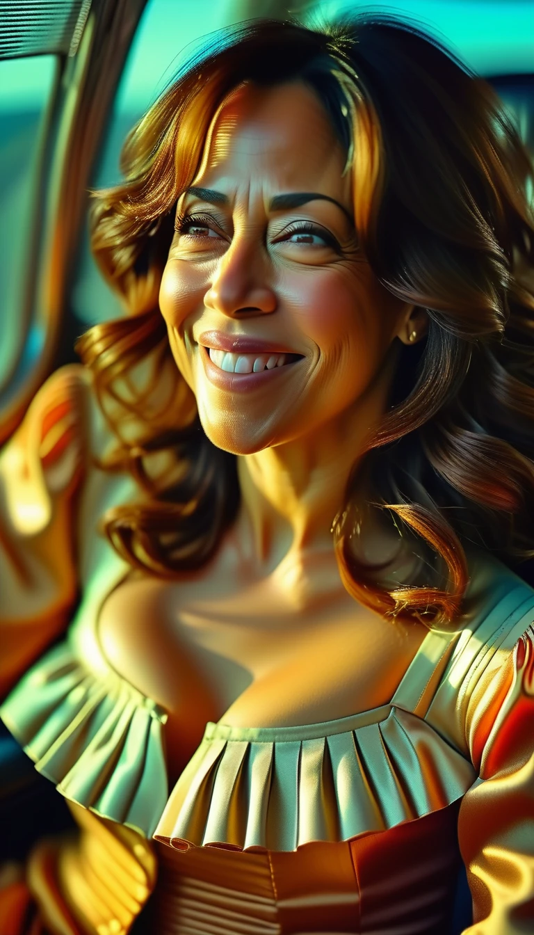 Insatiable Skirt lover and kind, shy woman Kamala Harris has Intense Orgasming love for her skirt, sitting and wearing (long pleated full circle skirt), uniform jacket and strapless low pump office shoes, (pronounced (feminine) features), (very windy), skirt is flowing wildly in the wind, inside a spaceship travelling through deep space, very, very intricate hyper-detailed symmetric (attractive graceful young feminine face) with (sad, tired eyes and a loving smile), very voluptuous breasts, full of empathy and compassion and love, (pronounced (feminine) features), (highly detailed ultra accurate realistic) hands and fingers, (windy), epic composition, highly detailed attributes, (35mm f1.4 Kodak portra 400 photograph), extremely high quality RAW photograph, highly detailed atmosphere, sci-fi, cinematic shot, dynamic lighting, 75mm, Technicolor, Panavision, cinemascope, sharp focus, fine details, 8k, HDR, realism, realistic, key visual, film still, superb cinematic color grading, depth of field