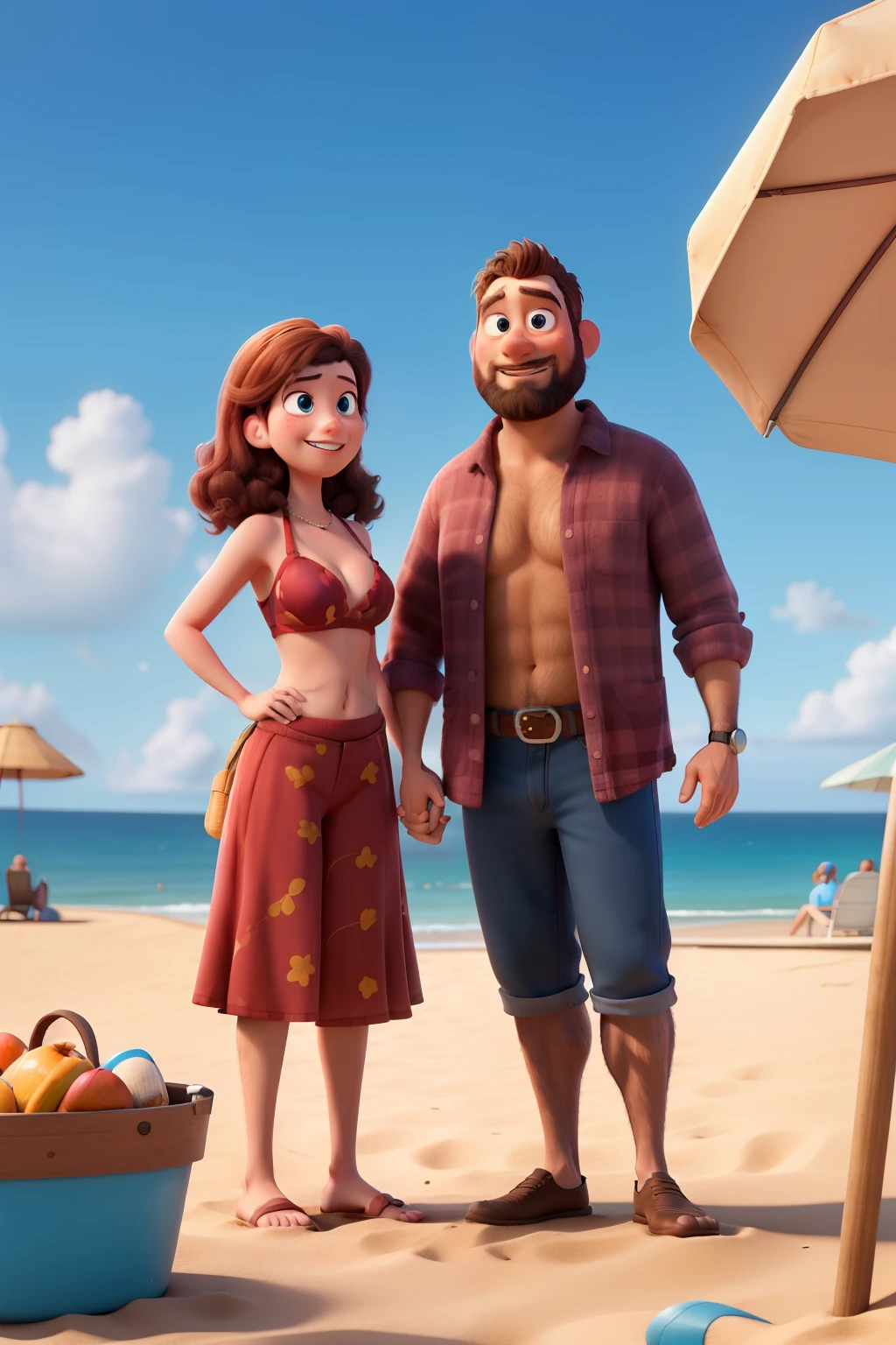 couple 1 bearded man 1 woman beach pixar