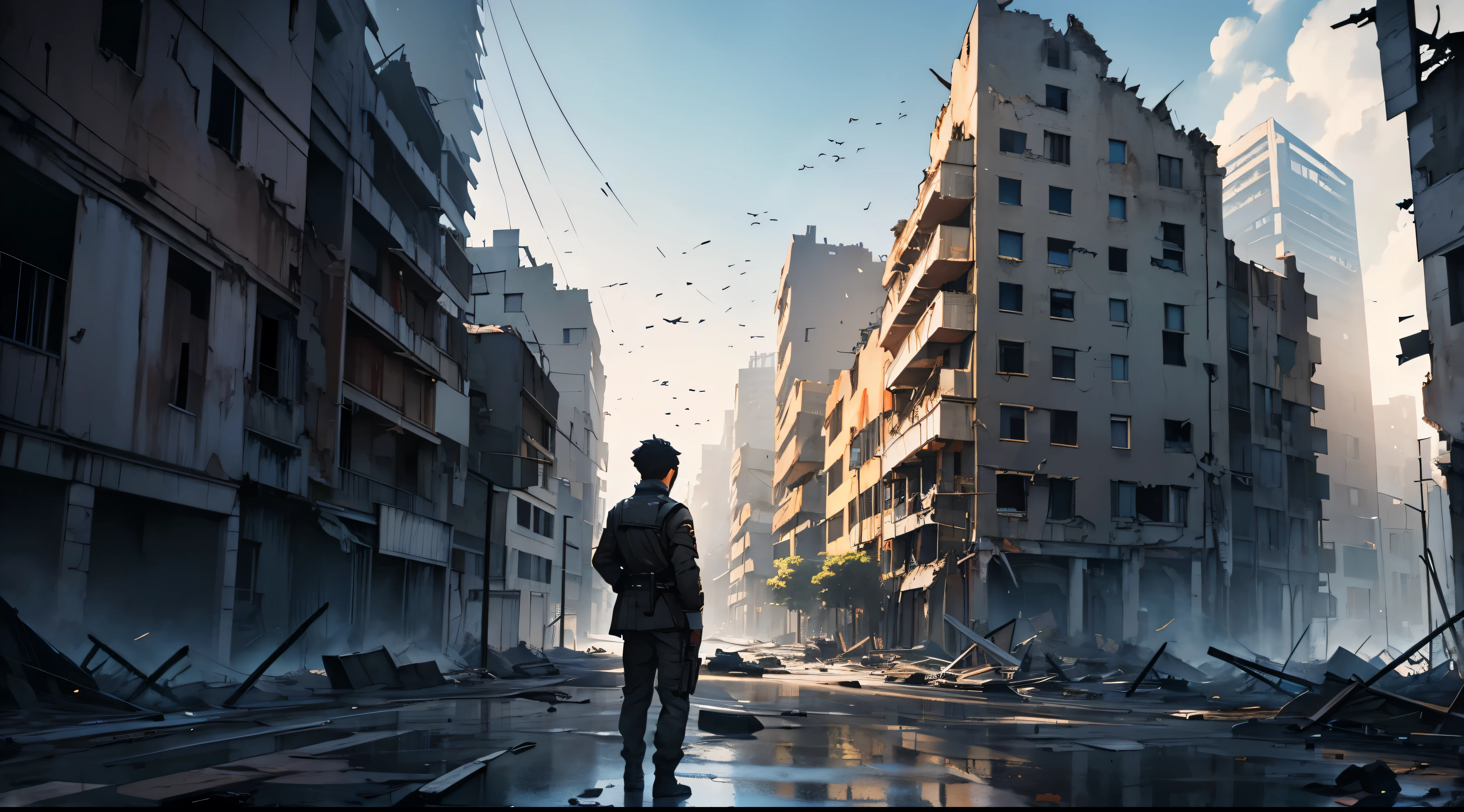 Ruined City、Place々The building is collapsing、unmanned、after the battle、City of night、A man in military uniform with short hair stands、alone