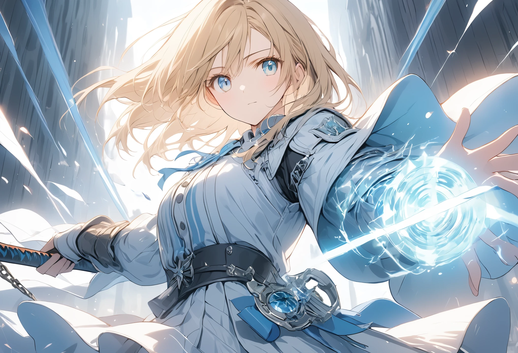 ((Detailed facial depiction)),(anime style:1.4),超High resolution, Attention to detail, high quality, High resolution, 最high quality, 4K, 8K,posters、artwork、female knight、White armor with blue lines、((blondes))、Aquamarine Eyes、Swing the one-handed sword in your right hand back、Deathblow、Charge one-handed sword、A pale blue aura surrounds the body.,((Magical effect))