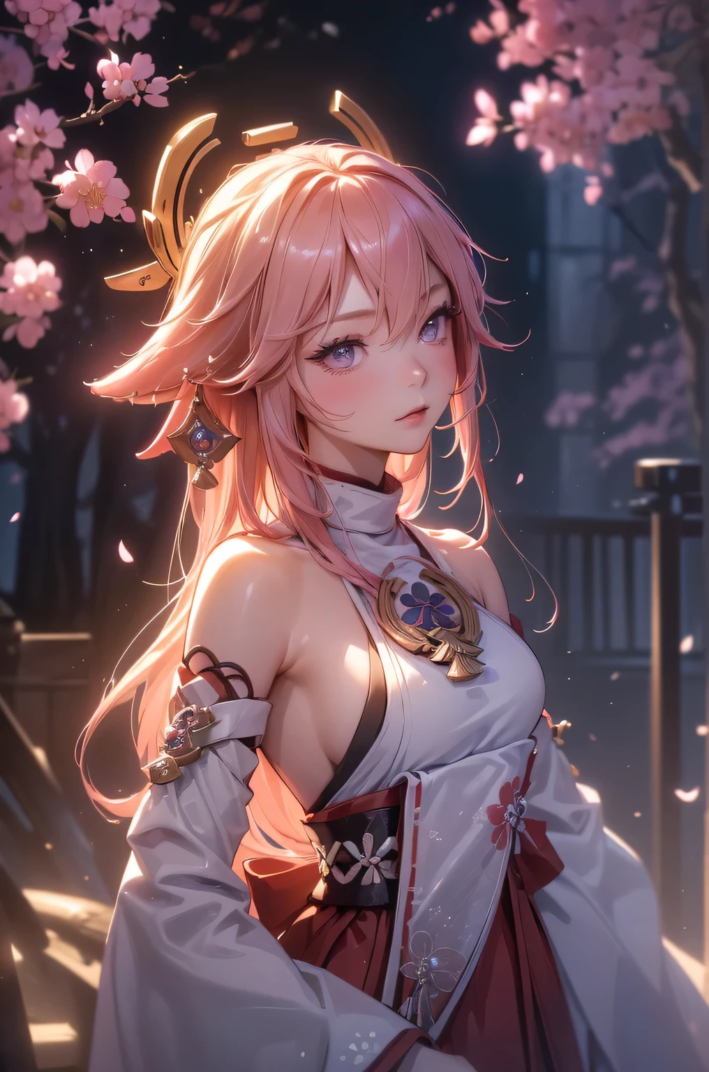 ((yaemikodef)):1.5, ((masterpiece,Highest quality,Highly detailed images,Beautiful images、Dutch Angle)), (In front of the cherry tree、Close-up image of yaemiko、Overall dim lighting、Backlight、Strong backlighting、Fantastic dark atmosphere、Thick Fog、Dust flutters),(Dynamic pose)1.2, sideboob、((from front))