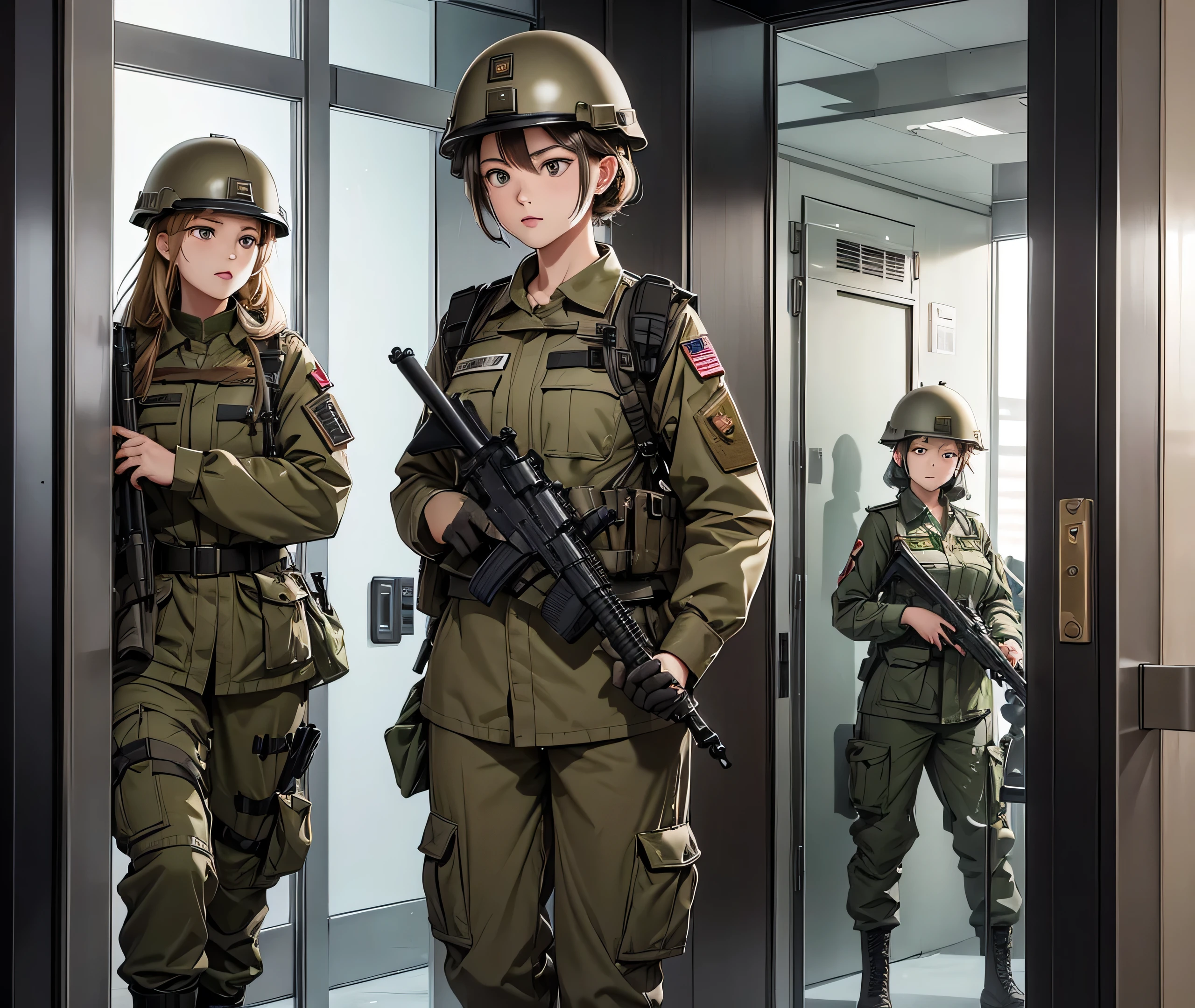 A group of female soldiers in beige military uniforms、Wear a steel helmet、Military Pants、Individual equipment set、In front of the elevator door、Alert with guns、Write details、masterpiece、best quality、Highly detailed CG、8K picture quality