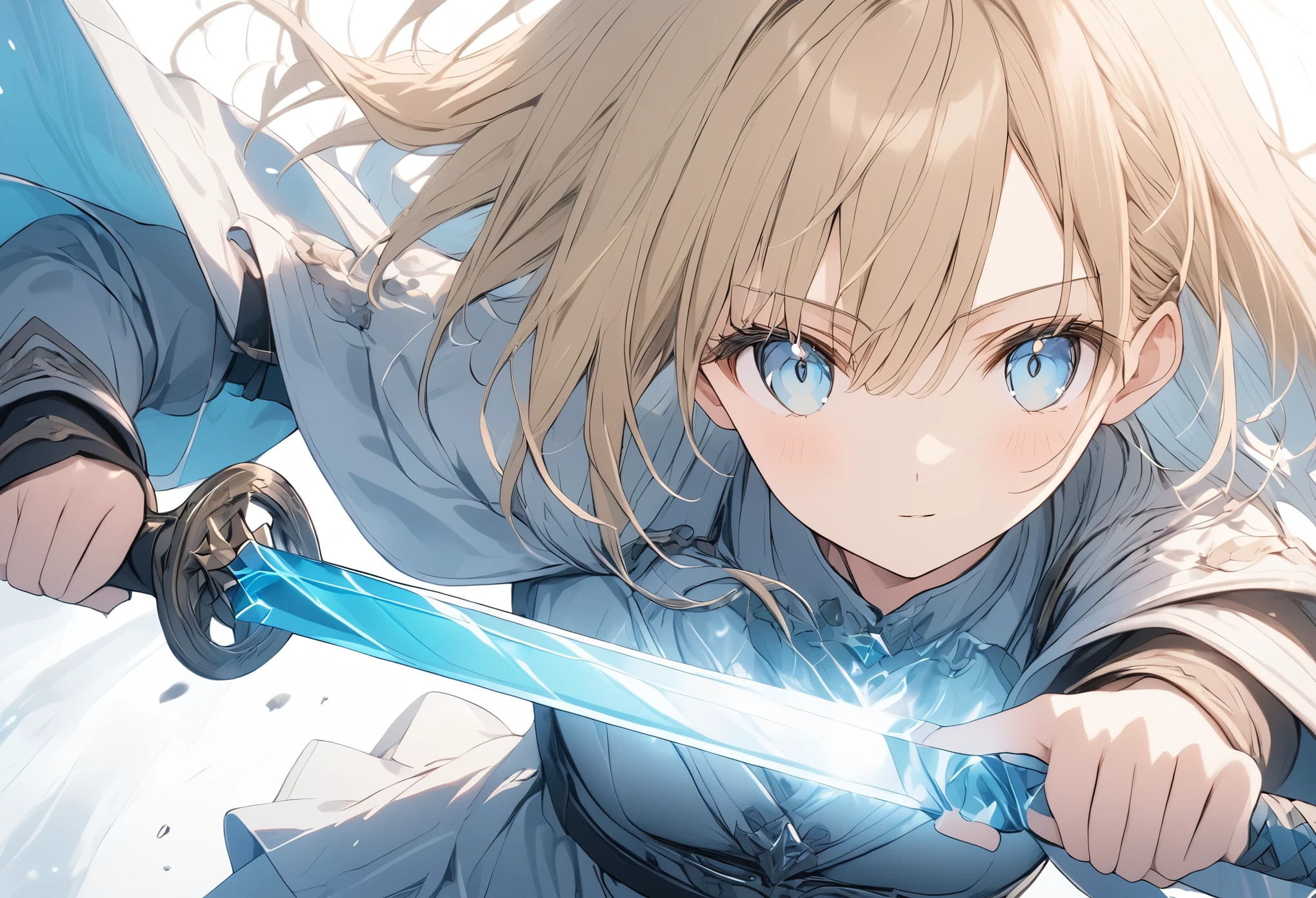 ((Detailed facial depiction)),(anime style:1.4),超High resolution, Attention to detail, high quality, High resolution, 最high quality, 4K, 8K,posters、artwork、female knight、White armor with blue lines、((blondes))、Aquamarine Eyes、Swing the one-handed sword in your right hand back、Deathblow、Charge one-handed sword、A pale blue aura surrounds the body.,((Magical effect))