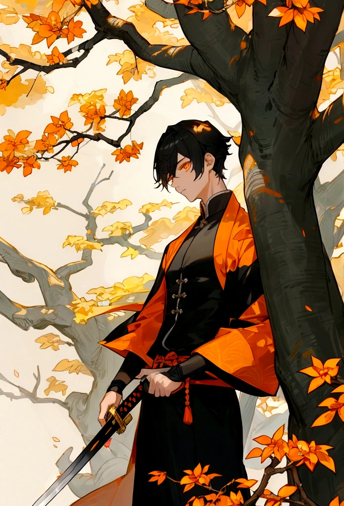 A cool man holding a sword。Dark grey short hair、Orange eyes。Under the Osmanthus Tree。
