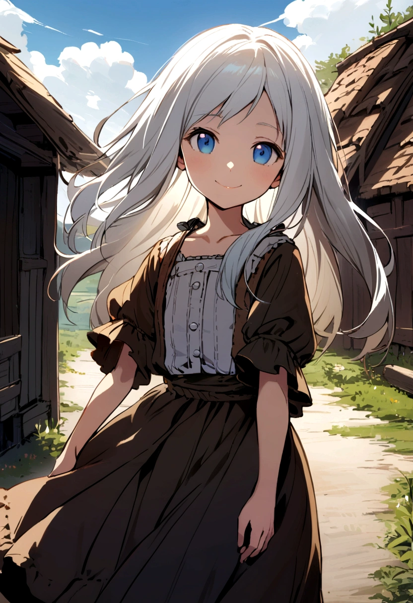 A young girl, 11 years old, with long white hair, blue eyes, and a village woman, wearing shabby clothes and smiling.