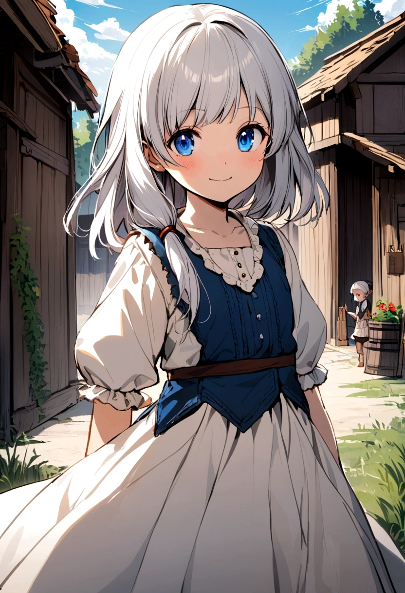 A young girl, , with long white hair, blue eyes, and a village woman, wearing shabby clothes and smiling.
