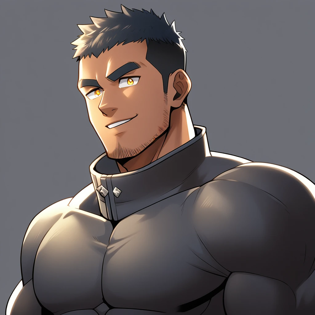 anime characters：Gyee, Muscle Sports Student, negro black skin, 1 dark skin muscular tough guy, Manliness, male focus, Dark grey high collar long sleeve wetsuit, Matte texture, Very tight, Round, full and perky chest muscles, Slightly transparent, muscular male, muscular, only, Upper body, alone, Black short hair, Thick eyebrows, stubble, Yellow eyes, Grey background, simple background, amazing quality, best aesthetics, Ridiculous, bright pupils, crew cut, parted lips, seductive smile, torogao, naughty face,  best quality