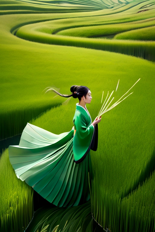 the woman in hanfu in the long green grass is swimming, in the style of marcin sobas, Waves undulating lines, The wind blows the grass and the movement is blurred.,ed freeman, national geographic photo, konica big mini, fan ho, organic patterns --chaos 20