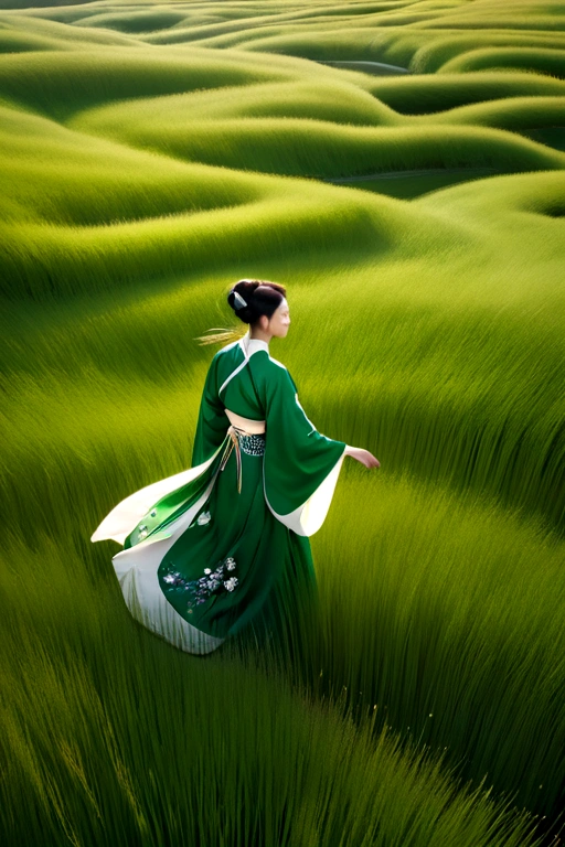 the woman in hanfu in the long green grass is swimming, in the style of marcin sobas, Waves undulating lines, The wind blows the grass and the movement is blurred.,ed freeman, national geographic photo, konica big mini, fan ho, organic patterns --chaos 20