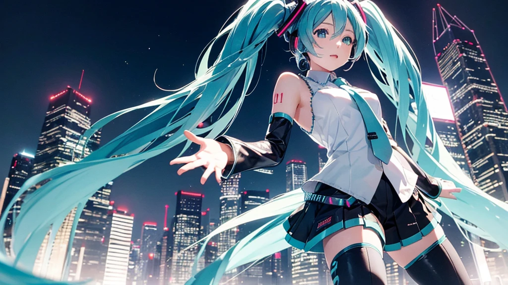 Image of Hatsune Miku performing in hip-hop style with the city night view as the background。