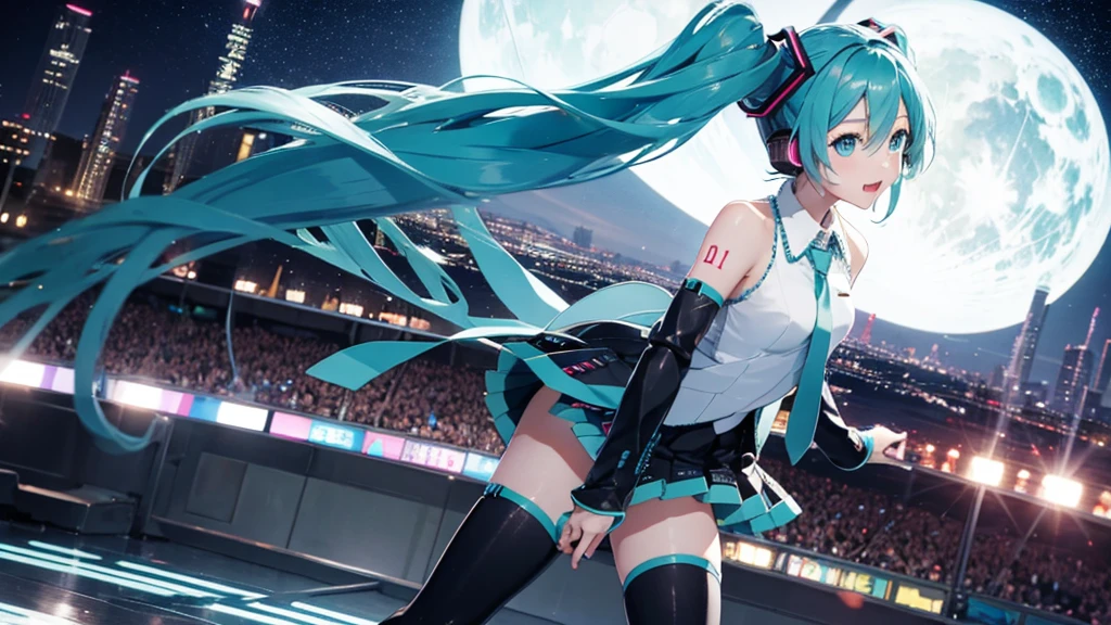 Image of Hatsune Miku performing in hip-hop style with the city night view as the background。