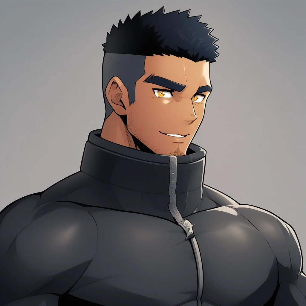 anime characters：Gyee, Muscle Sports Student, negro black skin, 1 dark skin muscular tough guy, Manliness, male focus, Dark grey high collar long sleeve wetsuit, Matte texture, Very tight, Round, full and perky chest muscles, Slightly transparent, muscular male, muscular, only, Upper body, alone, Black short hair, Thick eyebrows, stubble, Yellow eyes, Grey background, simple background, amazing quality, best aesthetics, Ridiculous, bright pupils, crew cut, parted lips, seductive smile, torogao, naughty face,  best quality