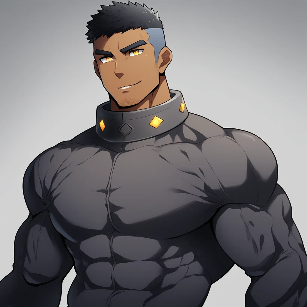 anime characters:Gyee, Muscle Sports Student, negro black skin, 1 dark skin muscular tough guy, Manliness, male focus, Dark grey high collar long sleeve wetsuit, Matte texture, Very tight, Round, full and perky chest muscles, Slightly transparent, muscular male, muscular, only, Upper body, alone, Black short hair, Thick eyebrows, stubble, Yellow eyes, Grey background, simple background, amazing quality, best aesthetics, Ridiculous, bright pupils, crew cut, parted lips, seductive smile, torogao, naughty face, best quality