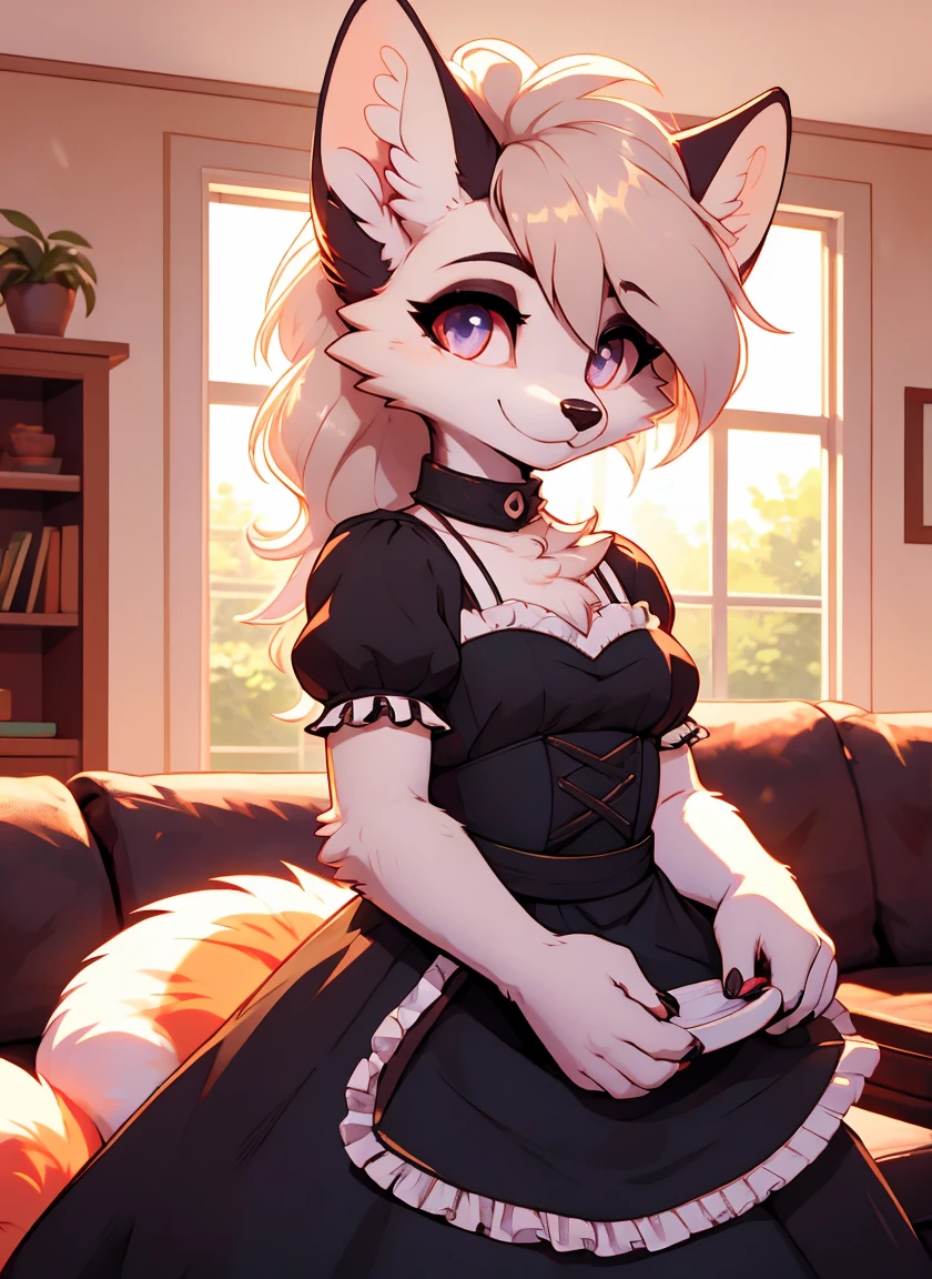score_9, score_8_above, score_7_above, score_6_above, score_5_above, score_4_above, classification_questionable, the second,(furry, the second:1.2) (Detailed fluffy fur), Alone, female,,vulpix , beautiful, ,pokemon,(small old), ,old , , ,beautiful, beautiful, beautiful eyes, beautiful head, ), (Beautifully detailed face, oily and shiny skin), (detailed eyes, sharp eyes, clear paboveils:0.8), Masterpiece, happy, empty hands, SMILE,boca, living room background,House,dress, Wear maid outfit, 