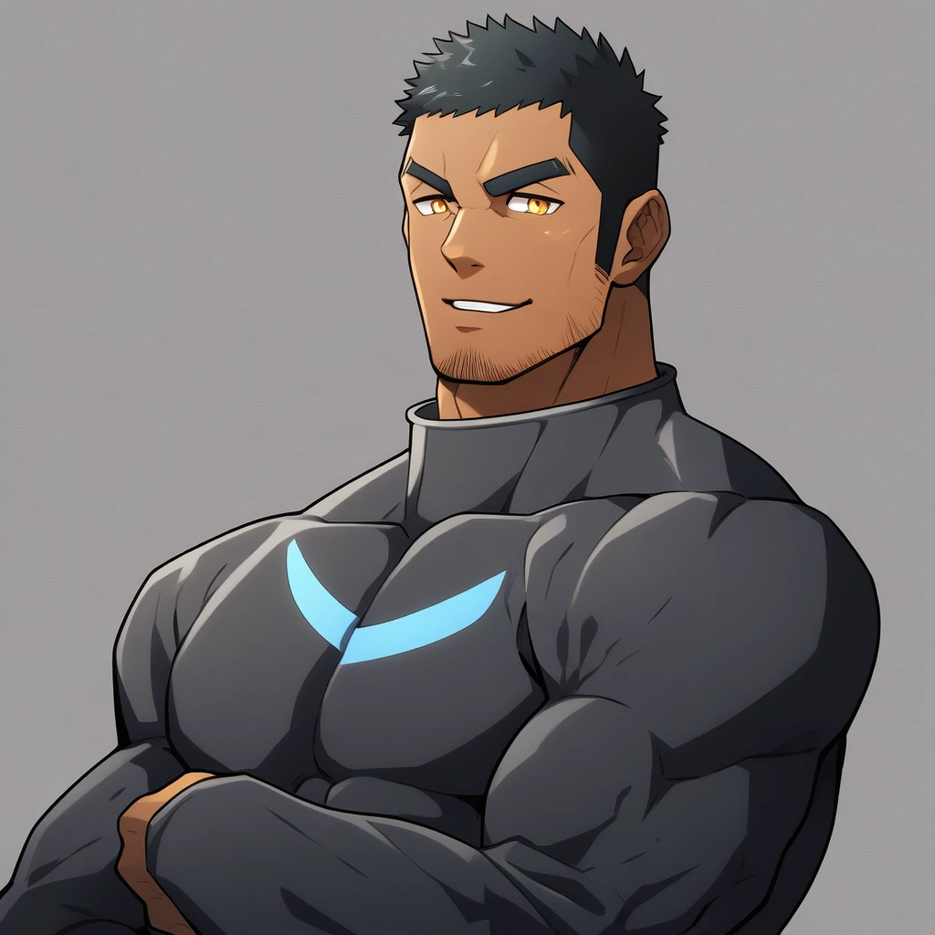 anime characters：Gyee, Muscle Sports Student, negro black skin, 1 dark skin muscular tough guy, Manliness, male focus, Dark grey high collar long sleeve wetsuit, Matte texture, Very tight, Round, full and perky chest muscles, Slightly transparent, muscular male, muscular, only, Upper body, alone, Black short hair, Thick eyebrows, stubble, Yellow eyes, Grey background, simple background, amazing quality, best aesthetics, Ridiculous, bright pupils, crew cut, parted lips, seductive smile, torogao, naughty face,  best quality